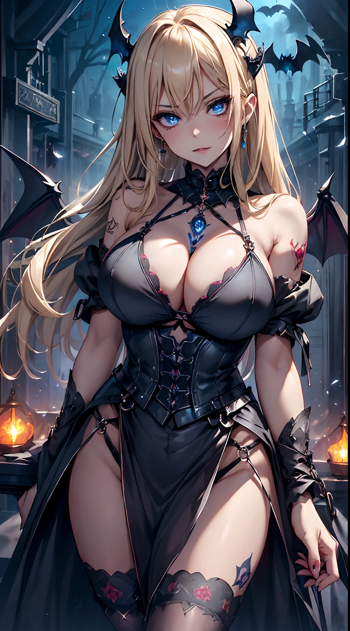top-quality、Top image quality、​masterpiece、girl with((18year old、Dark clothing、Dark bra、Dark skirt、 Best Bust、Bust 90、Blonde Shorthair、Blue eyes、open chest wide、Valley、Happiness、A slender、Provocative behavior、Evil face、Handcuffed、High laughter、Skull Tattoo、Tattoo of roses、Targeting your audience、Tighten blue rose hair、Aura of Darkness,Dark Forces,blue flames、Chain Accessories、Black wings、Black manicure、Black whip、Wearing the Vibration of Darkness)）hiquality、Beautiful Art、Background with((prison、Dark impression、nightcity,Red sky、Many bats、many chains、the magma、Bright red earth))、masutepiece、Elaborate design、visualart、dark art