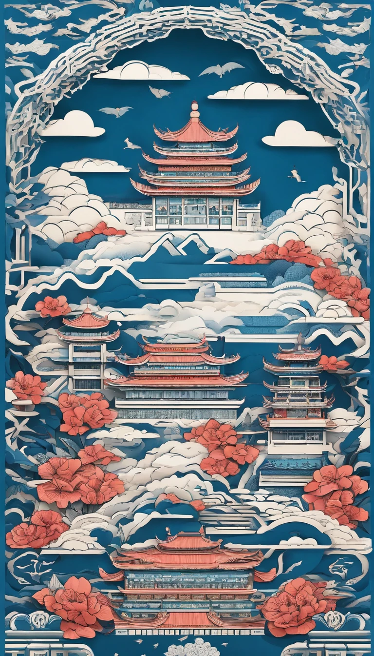 Chinese illustration on blue background, Auspicious clouds, 16k, 。...。.。.3D, Sam, saw, Many Chinese buildings, ,gardens,mountain water,Sea of clouds,drak，tigre，Multi-dimensional paper filling, Composition of the tunnel, warm lights, hyper HD, Elevation perspective,Ultra photo realsisim, Dragons fly in the sky，morandi color, exquisitedetails, A. general view, Epic detail