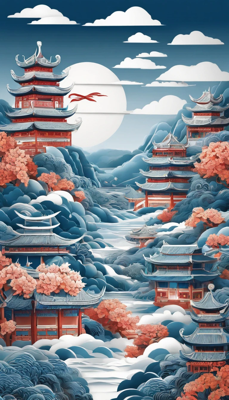 arte em papel cortado,Paper Cuttings style,A huge floating Chinese-style city hovers above the clouds,