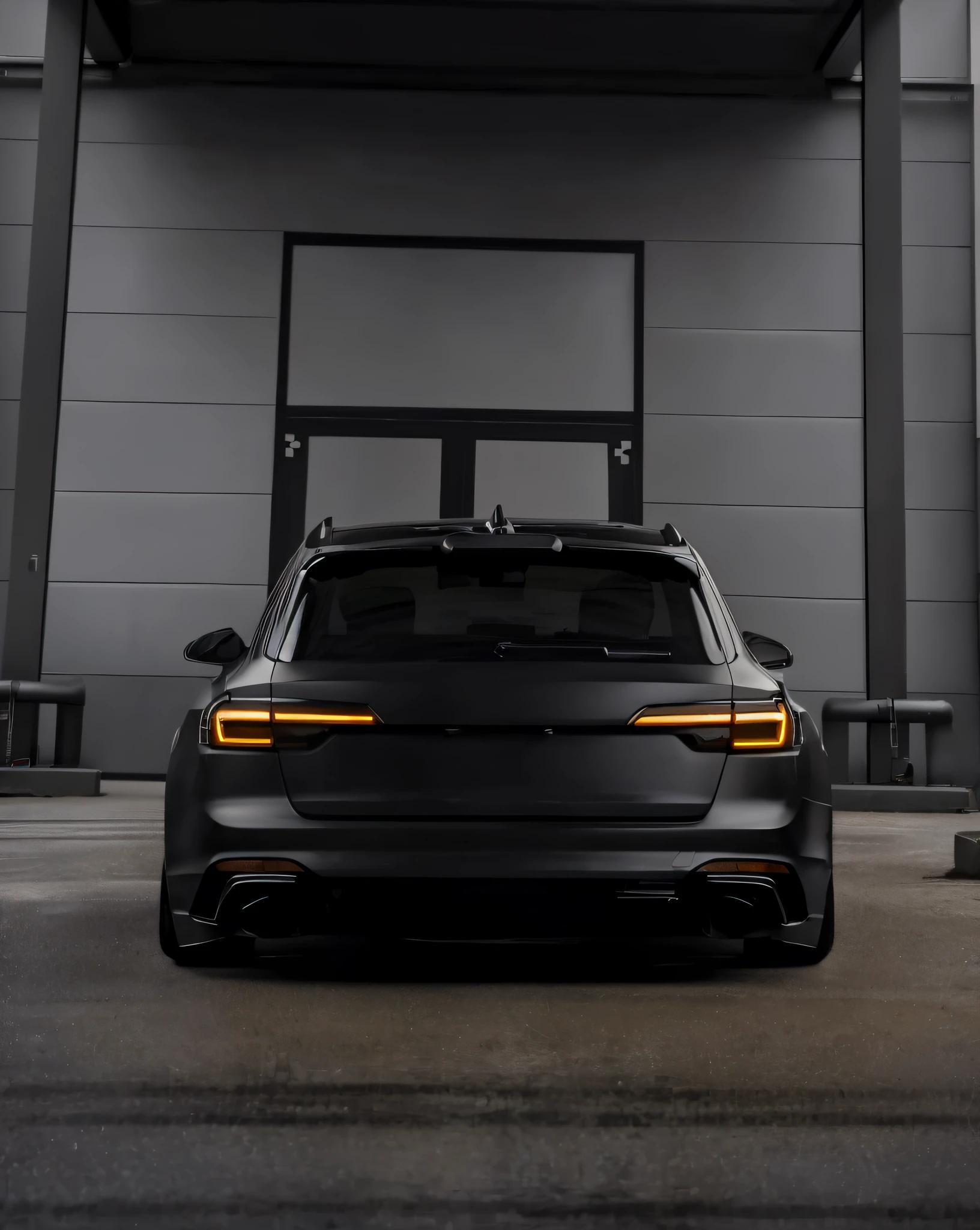 a close up of a car parked in front of a building, Wide body, cinematic front shot, Black car, tuning, all black matte product, wide long shot, tuning, Dark matte metal, aerodynamic imposing, long shot from back, lightweight but imposing, Edited, matte black, frontage, conceito, in front of a garage