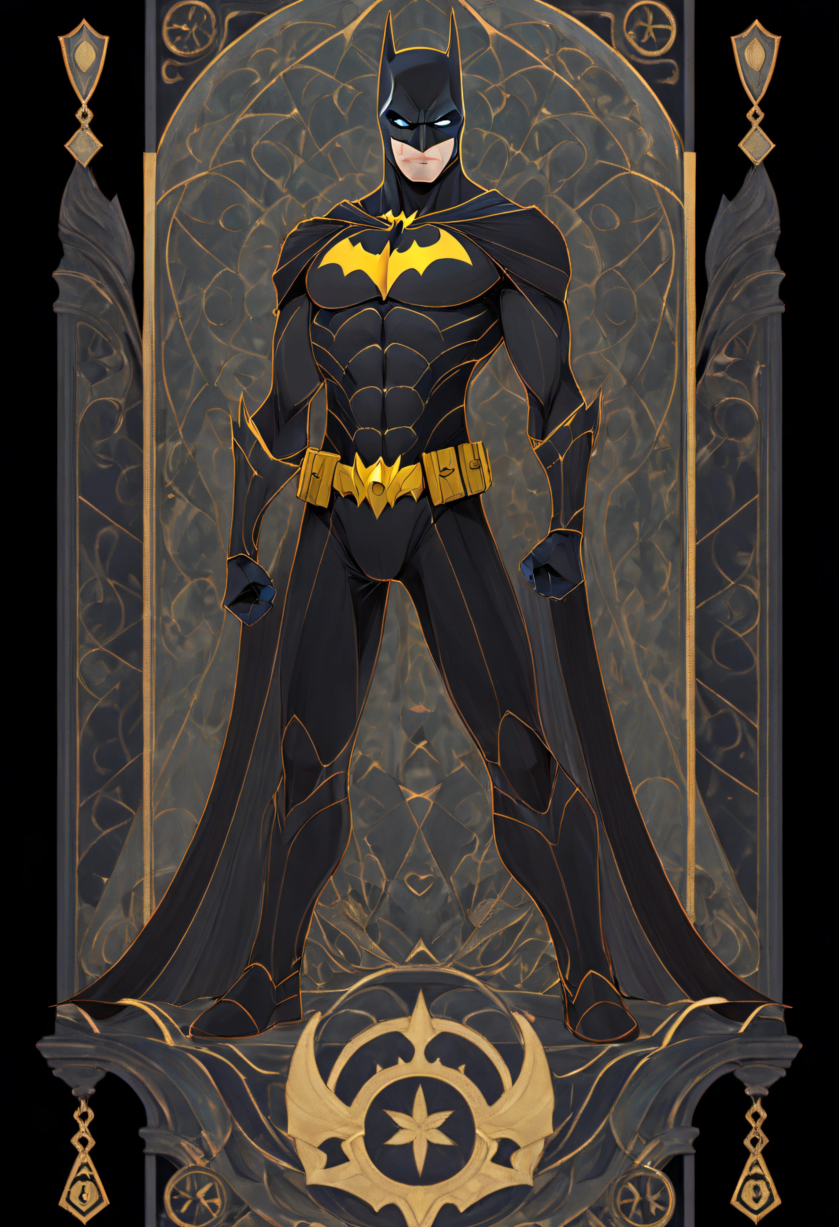 1 Batman, from movie batman, Full body standing painting, (((独奏))), Clear facial features, Simple line design, ((tarot card background, symmetric beauty)), perfectly symmetrical, The art of symmetry, Standing drawings of characters, ((flatcolors)), tmasterpiece,top Quority,best qualtiy,超高分辨率, ((Clear facial features,beautidful eyes,beauitful face, Exquisite facial features))