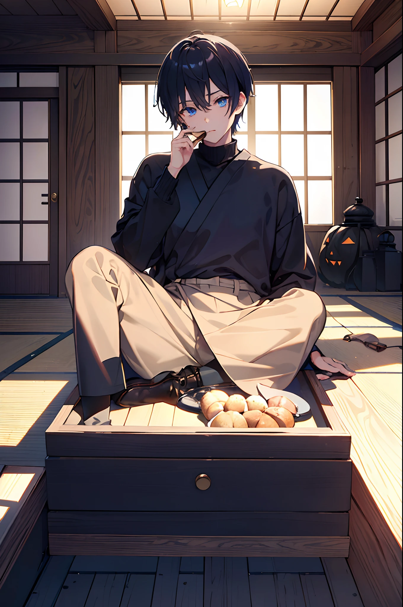 male people Dark blue short hair blue eyess Sweaters Brown Slacks long boots Japanese houses Sitting in the room、Eat oden Halloween masterpiece Top image quality Clear Parts Cinematic Shadows Increased attractiveness of the eyes Clear the shine of the eyes Draw eyelashes neatly Perfect Eye A detailed eye Sharpen image quality Sharpen eye writing Clear eye shape
