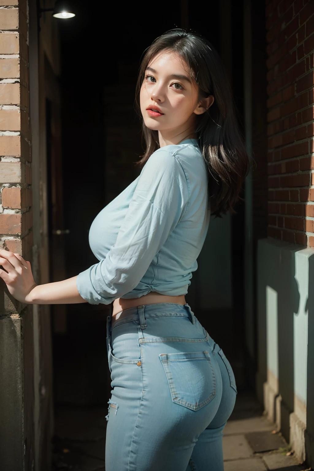 The light is dim,Wearing light blue skinny denim shorts,green-shirt,Plump buttocks,Pear-shaped body,fully body photo,Gray brick walls,In the moonlit alleys at night,Classic art photographs,with details,There are close-ups,
