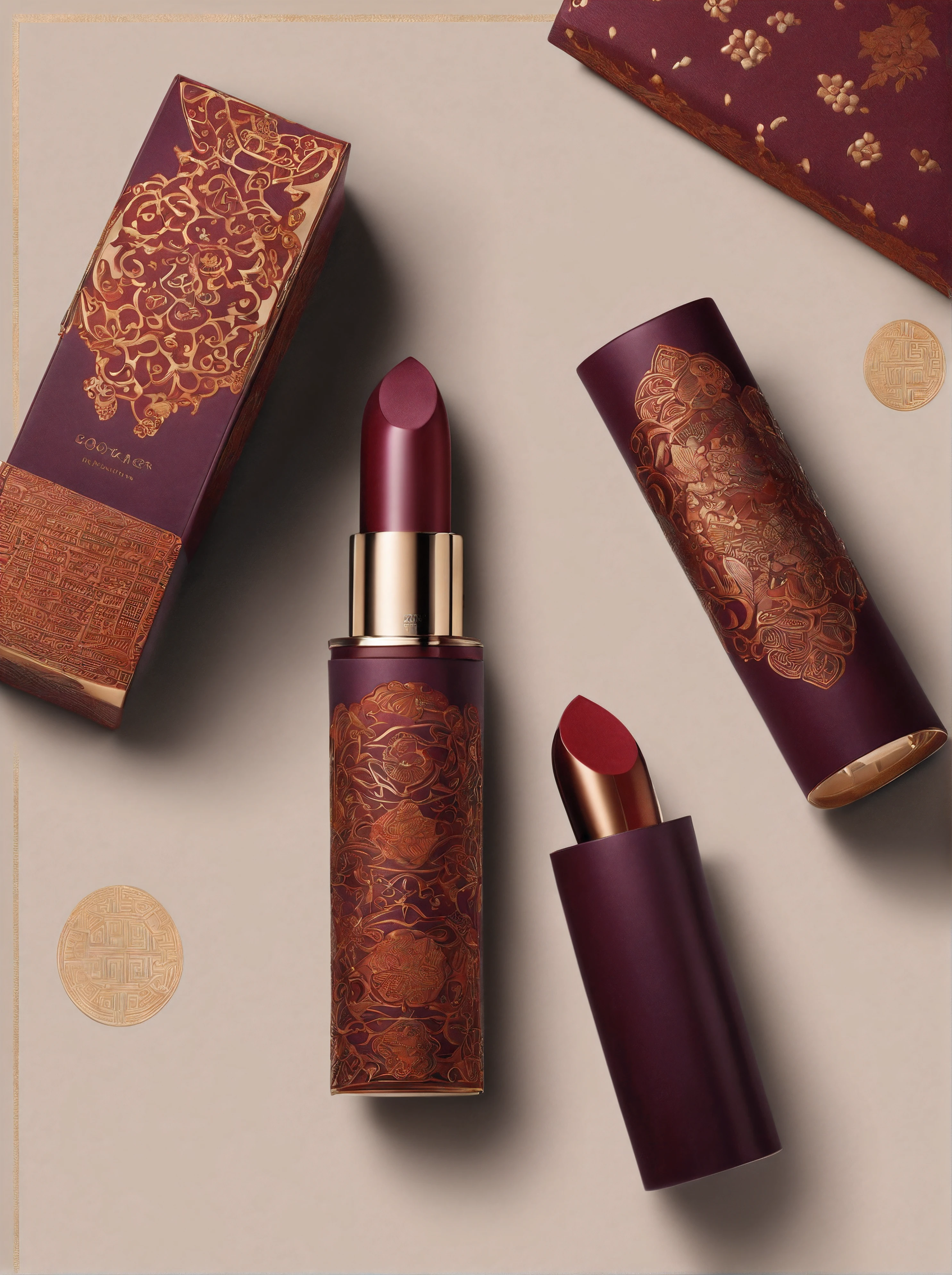 packaging design,Lipstick packaging,Traditional Chinese patterns,Matte matte,Deep purple and light amber