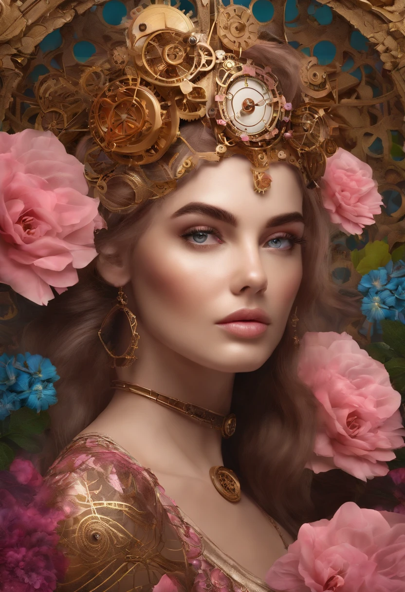 Absurd, high-res, ultra-detail, (1girll:1.3), Steampunk Fantasy Series , optical illusion, Fractal format, Geometric shapes, dynamic, brightly colored, (floral, petals), (gold & pink:1),