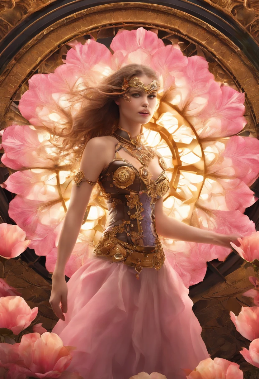 Absurd, high-res, ultra-detail, (1girll:1.3), Steampunk Fantasy Series , optical illusion, Fractal format, Geometric shapes, dynamic, brightly colored, (floral, petals), (gold & pink:1),