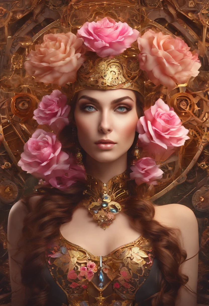 Absurd, high-res, ultra-detail, (1girll:1.3), Steampunk Fantasy Series , optical illusion, Fractal format, Geometric shapes, dynamic, brightly colored, (floral, petals), (gold & pink:1),