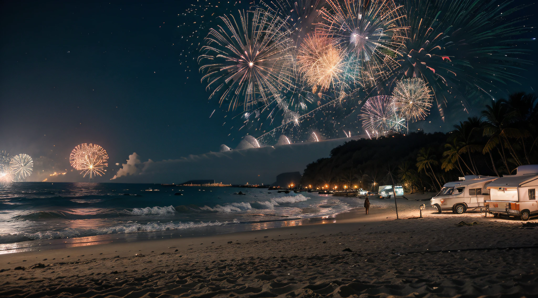 At night, There are plenty of lighted motorhomes on the vast sandy beach,There are also food stalls,There are silver fireworks on the sea,The bottom of the sea is pale coral