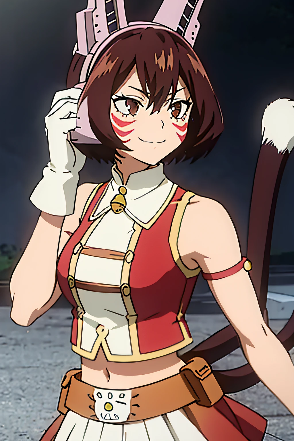 Outfit：mandalay, brown eyes, short hair, bangs, brown hair, facepaint, hair between eyes, headgear, fake animal ears, red shirt, bare shoulders, neck bell, white gloves, animal hands, belt, midriff, tail, cat tail, red skirt, pleated skirt, 1girl, solo, facing viewer, looking at viewer, upper body, smile.