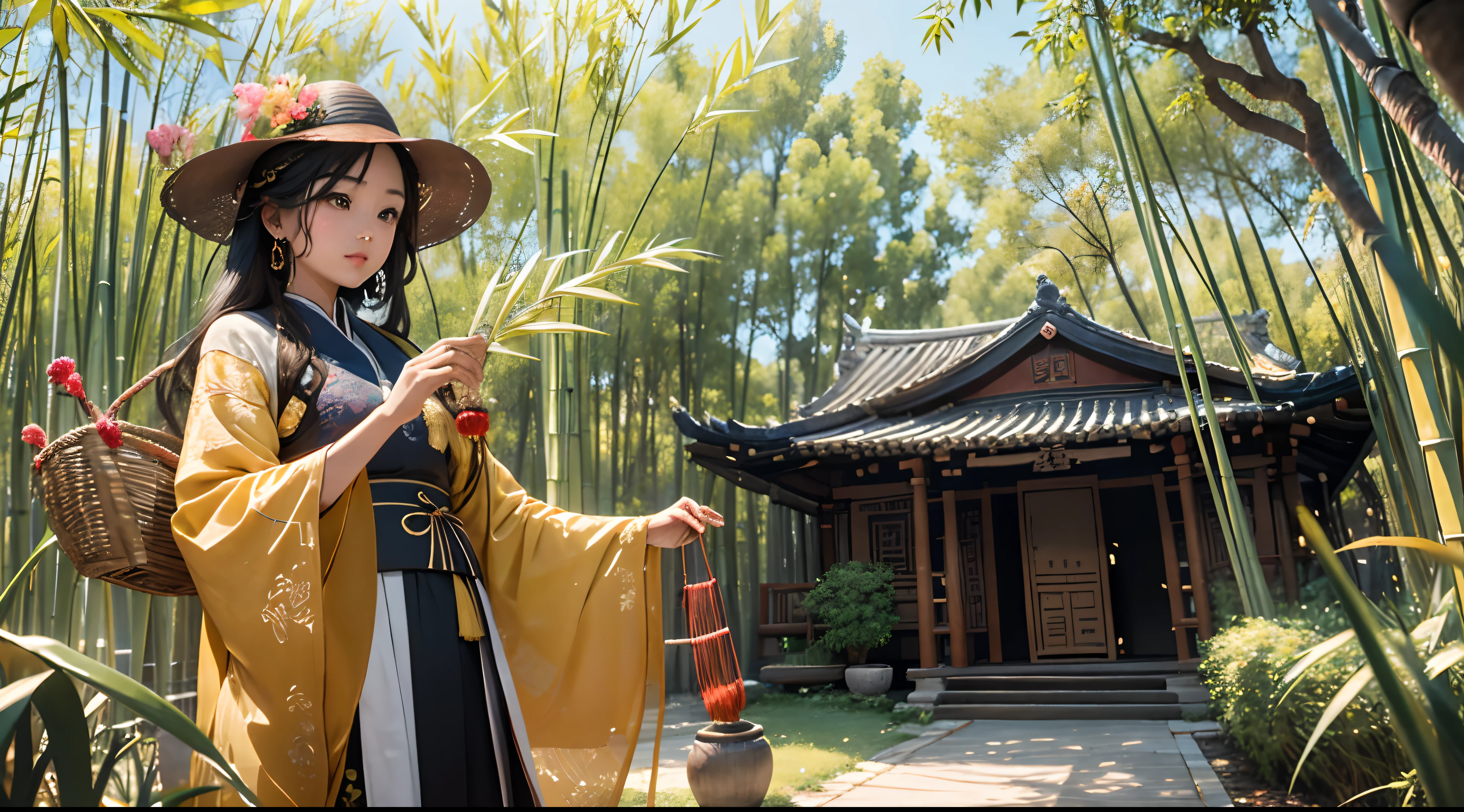 Beautiful Zhuang village. Yin Xuan stood next to a small bamboo forest, It is surrounded by several slender bamboo stalks. She was dressed in Zhuang costumes, The top is embroidered with a delicate bamboo pattern, Brilliant colors. She held a bent bamboo branch in her hand, She is weaving a delicate bamboo basket with her heart. In the basket, There are bamboo weaving works of various shapes and colors. (bright vibrant colors), (Best quality,high resolution,Ultra-detailed), (Realistic), (Zhuang style), (Detailed facial features), (Traditional Zhuang costumes), [bamboo grove], (Bamboo pattern), [Slender bamboo stalks], (Knit with heart), [Delicate bamboo baskets], (All kinds of bamboo weaving works).Faraway view。solo person。Side Body，There are houses in the distance