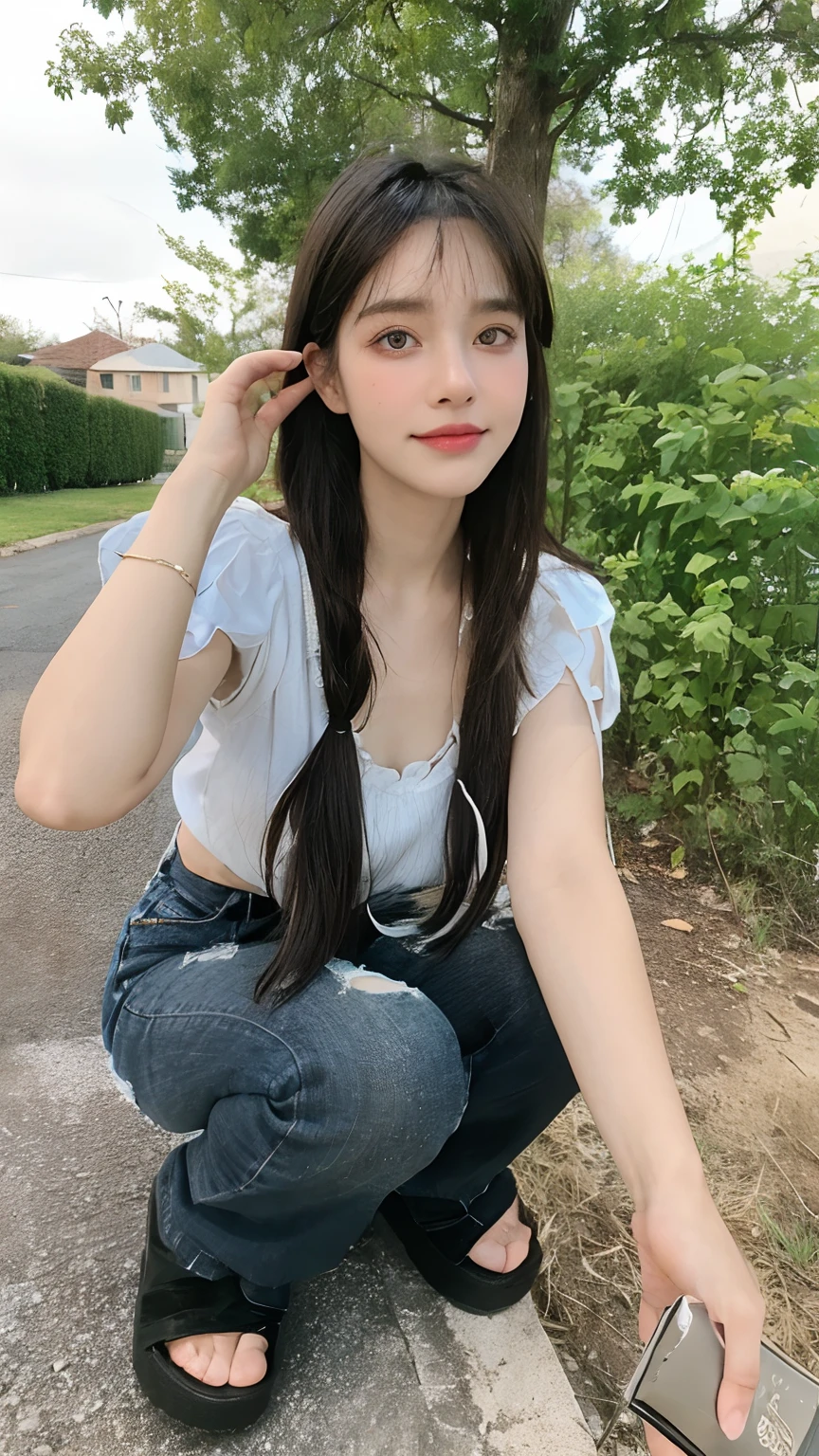 A beautiful and cute girl, full body photo, extremely beautiful and delicate, black hair, sweet smile, delicate beautiful fair skin, realistic and realistic, exquisite and complete facial features, detailed facial portrayal, high nose bridge, flowing smooth hair, extremely delicate hair, soft temperament, face light, tall, thin, real, hyper-real, full-body lens, forward tilt angle, ultimate picture quality, highest precision, accurate and perfect human body structure. Blue sky and white clouds, sitting on the grassland, blue sky and white clouds, sunlight, cows and sheep, (suspenders, long skirts) panties are clearly visible