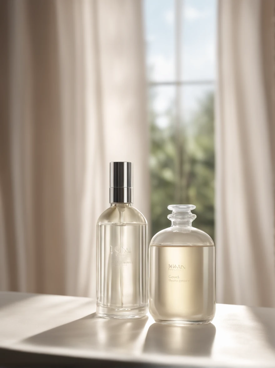 fotografia do produto, Realism, Renderings, A bottle of skincare essence water, Sunlight shines in from the left, The whole scene is shrouded in soft and bright light and shadow, Soft natural light diffuses through the transparent white curtains, Cast soft shadows and highlights, Accentuate fresh tones, Max 3D,C4DUE5, Coronal rendering, Redshift,Octane rendering