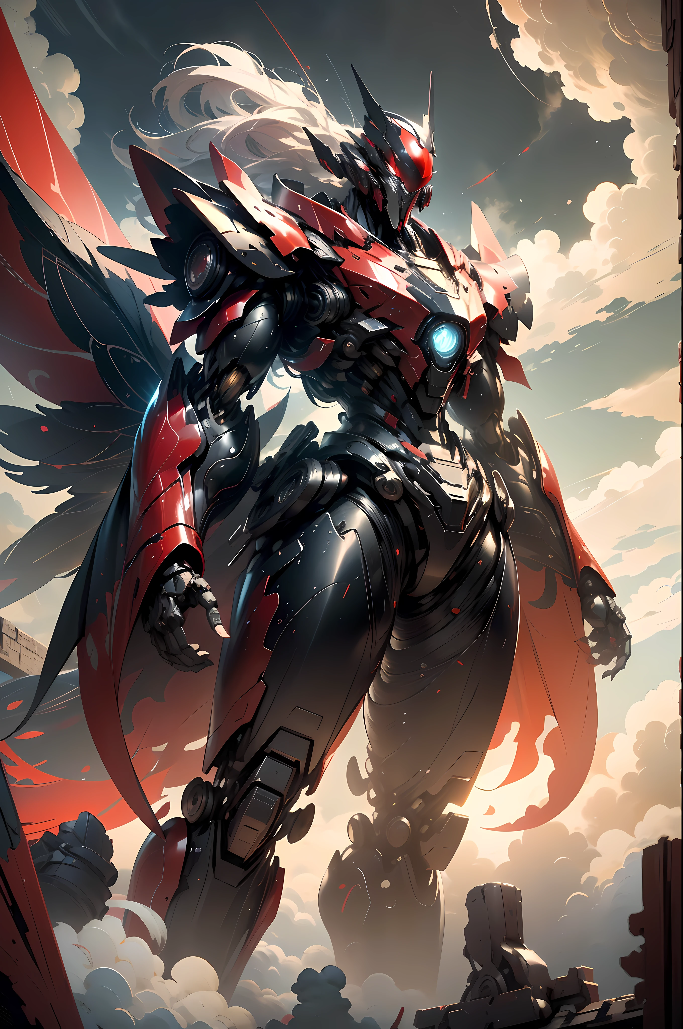 (best quality,masterpiece:1.2,ultra-high resolution:RAW photography:1.4, Ultra wide angle, looking up at the lens,), Sky, clouds, holding_weapon, no_humans, (Red is the main color:1.4), luminescence, glowing_eyes, robots, mecha, exquisite fairy costumes, ancient Chinese costumes,