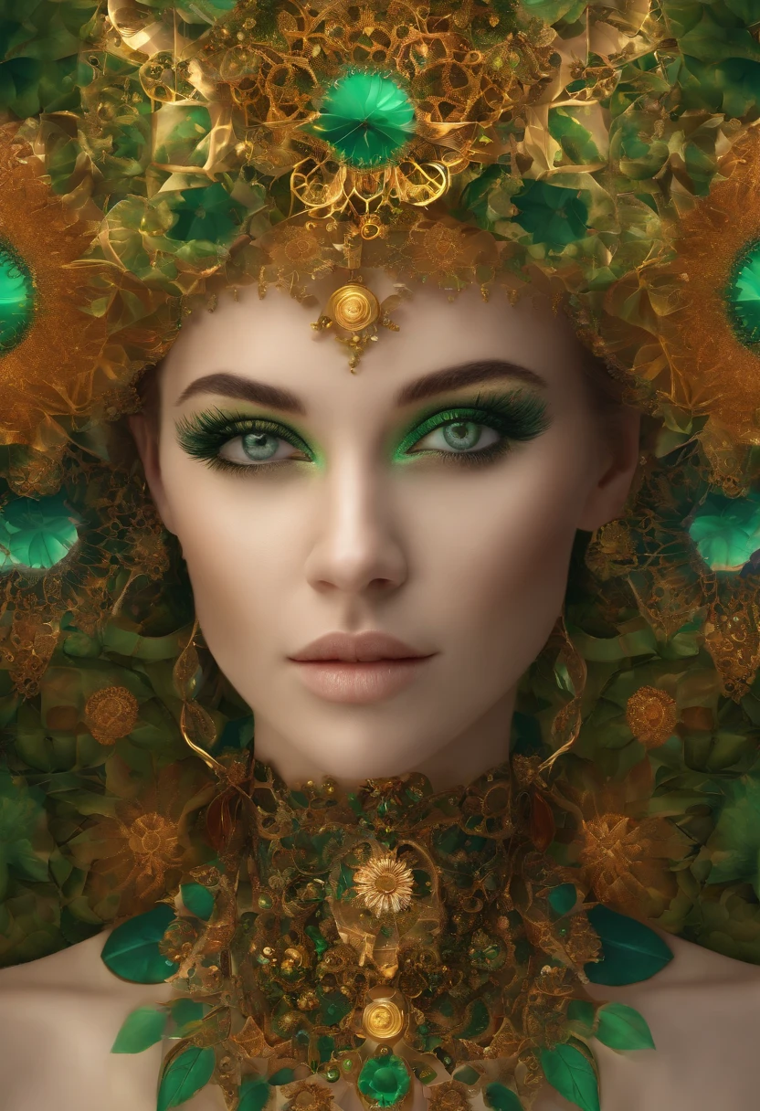 Absurd, high-res, ultra-detail, (1girll:1.3), Steampunk Fantasy Series , optical illusion, Fractal format, Geometric shapes, dynamic, brightly colored, (floral, petals), (gold & Green:1),
