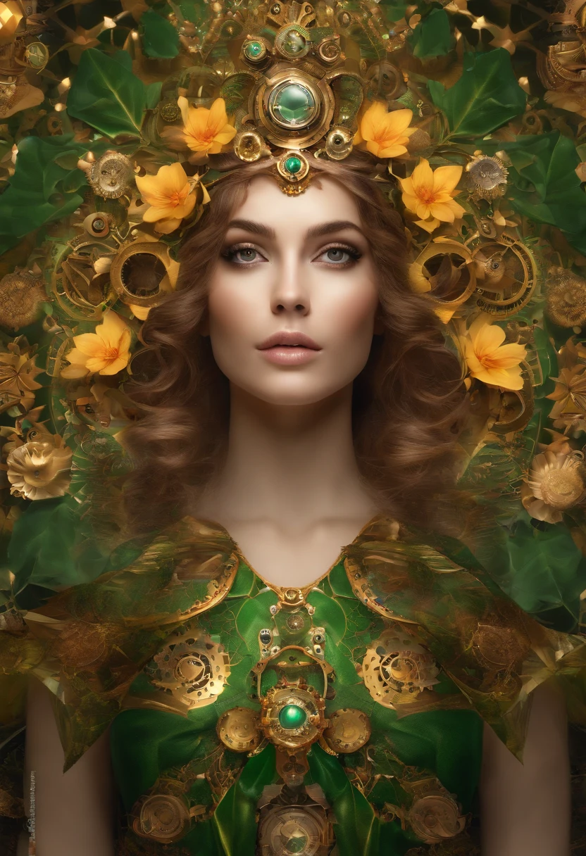 Absurd, high-res, ultra-detail, (1girll:1.3), Steampunk Fantasy Series , optical illusion, Fractal format, Geometric shapes, dynamic, brightly colored, (floral, petals), (gold & Green:1),