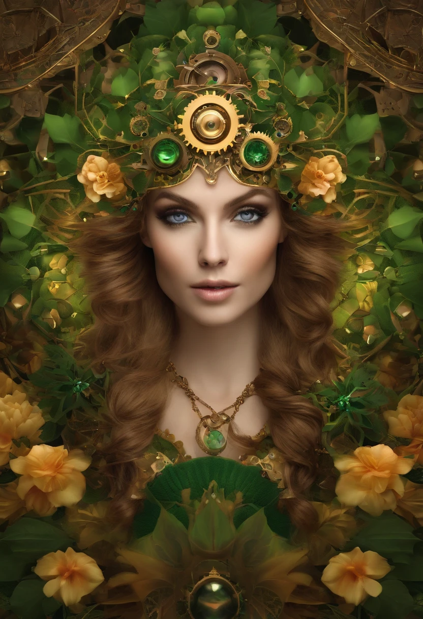Absurd, high-res, ultra-detail, (1girll:1.3), Steampunk Fantasy Series , optical illusion, Fractal format, Geometric shapes, dynamic, brightly colored, (floral, petals), (gold & Green:1),