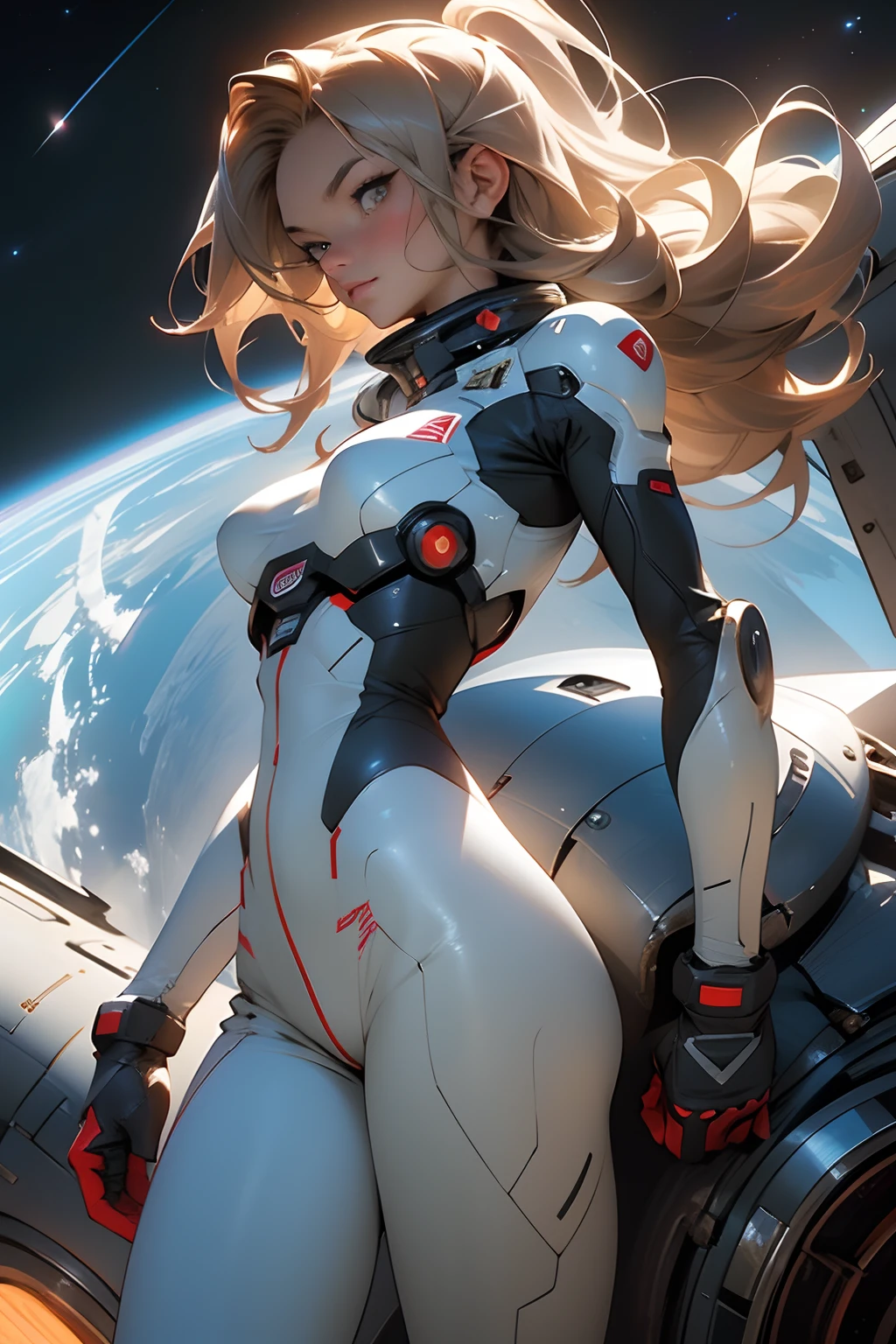 side view, turning away from the viewer, backside view, sandy hair, fit body, large breasts, slender thighs, slender waist, pilot suit, solo, looking away from the viewer, not looking at viewer, in space, long hair, blushing, slight smile, 8k, extreme detail, sharp detail on face, beautiful face,