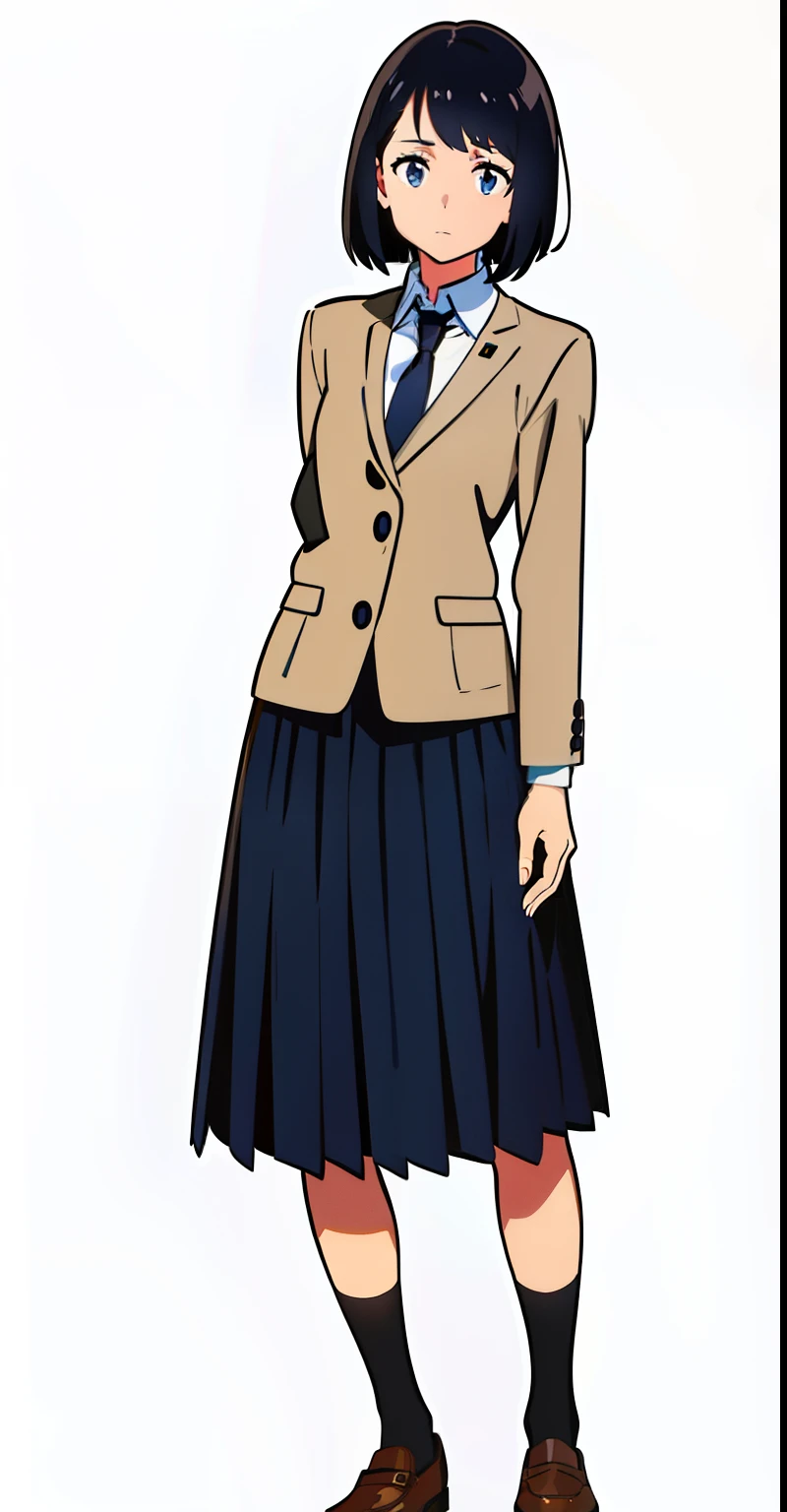 (white background:1.0), (best quality:1.0), (masterpiece:1.0), (full body:1.2), (solo:1.0), (1 cute girl:1.0), (long skirt:0.7), (dark blue skirt:1.0), (pleated skirt:1.0), (school uniform beige blazer:1.0), (dark blue necktie:1.0), (black socks:1.2), (loafers:1.2), (tall:1.1), (lanky:1.1), (slender:1.1), (small breasts:1.1), (detailed beautiful eyes:1.0), (detailed beautiful face:1.0), (glowing black eyes:1.0), (short hair:1.0), (strait hair:1.0), (black hair:1.0)
