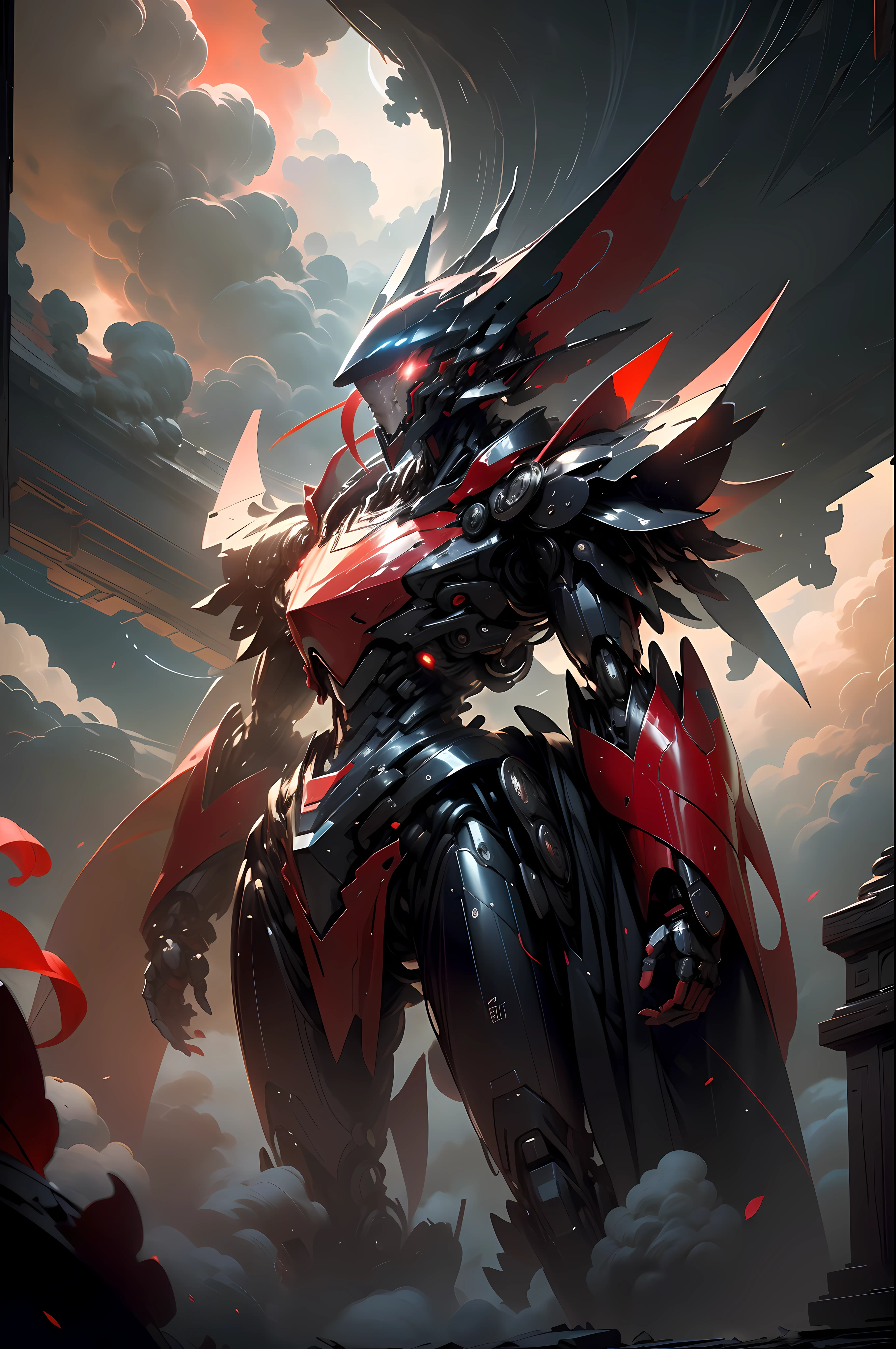 (Best quality,Masterpiece:1.2,Ultra-high resolution:RAW photography:1.4, ultra-wide-angle, looking up the lens,), sky, Clouds, Holding_arma, No_Humanity, (Red is the main color:1.4), Luminescence, Glowing_Eyes, droid, Mecha, Exquisite fairytale costumes, Ancient Chinese costumes,