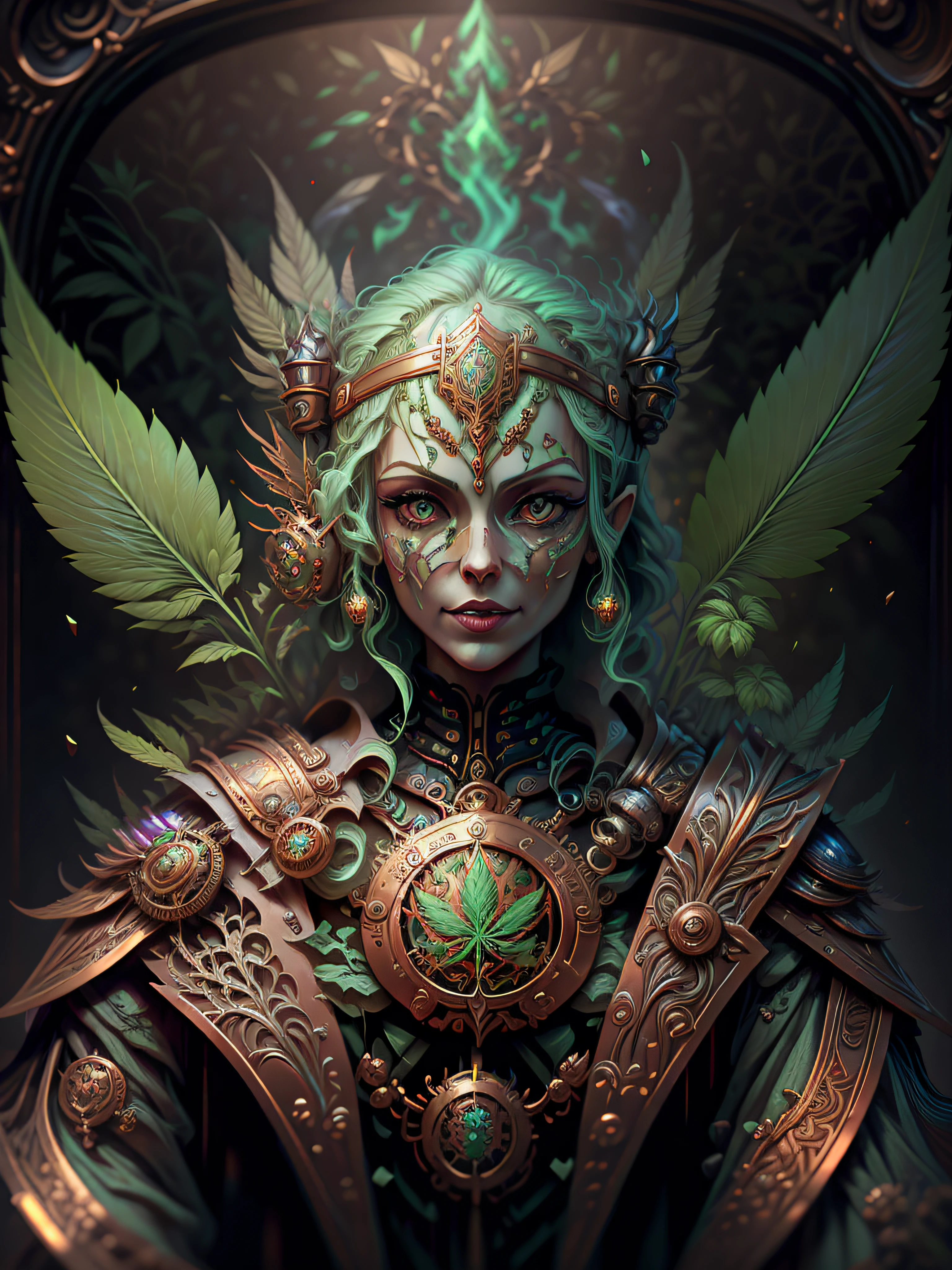 A woman (Jesica Alba :1.1) red lips,  green eyes,  as the queen of Cannabis,  with a crown,  steampunk style,  with armor made of copper and Gold with Cannabis motive,  and Cannabis plants and leafs all over to create a tasteful style poster to promote Cannabis,  beautiful art UHD 4 k,  a beautiful artwork illustration,  beautiful digital artwork,  exquisite digital illustration,  beautiful digital illustration,  digital art fantasy art,  beautiful fantasy art portrait,  stylized urban fantasy artwork,  digital art fantasy with Cannabis motive