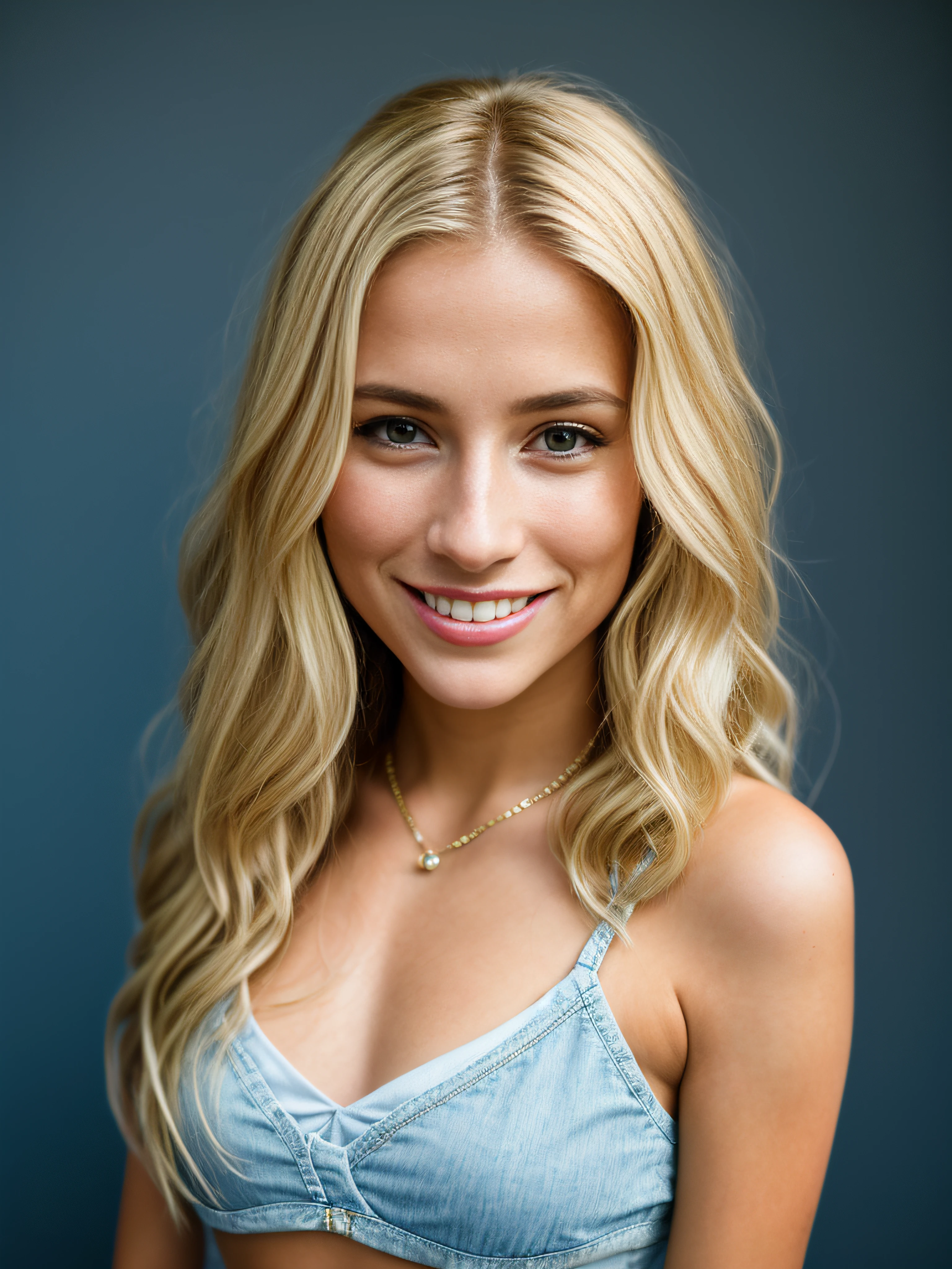 Realistic portrait photo of a beautiful m4r14h woman,1girl, solo, long hair, looking at viewer, smile, (((blonde hair))), jewelry, teeth, midriff, pants, mole, grin, bracelet, lips, blue background, tank top, denim, mole under mouth, freckles, jeans, realistic, soft lighting, professional Photography, Photorealistic, detailed, RAW, analog, sharp focus, 8k, HD, DSLR, high quality, Fujifilm XT3, film grain, award winning, masterpiece
