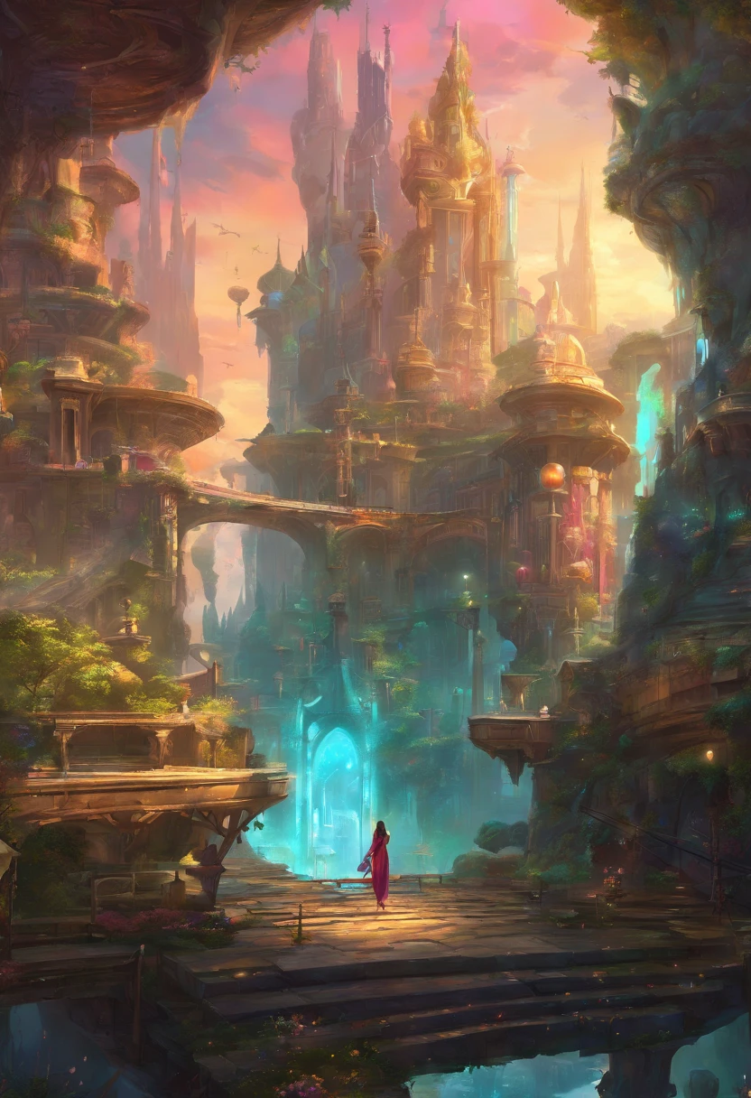 City of Progress、Cidade futuristica、Cyberpunk world、vibrant with colors，High gloss、Bustling neon mansions、Highly detailed HDR、Perfect、PerfectWorld、shiny reflective surfaces、subsurfacescattering、Beyond imagination、8K、Global illumination、wide angles、dreamworld