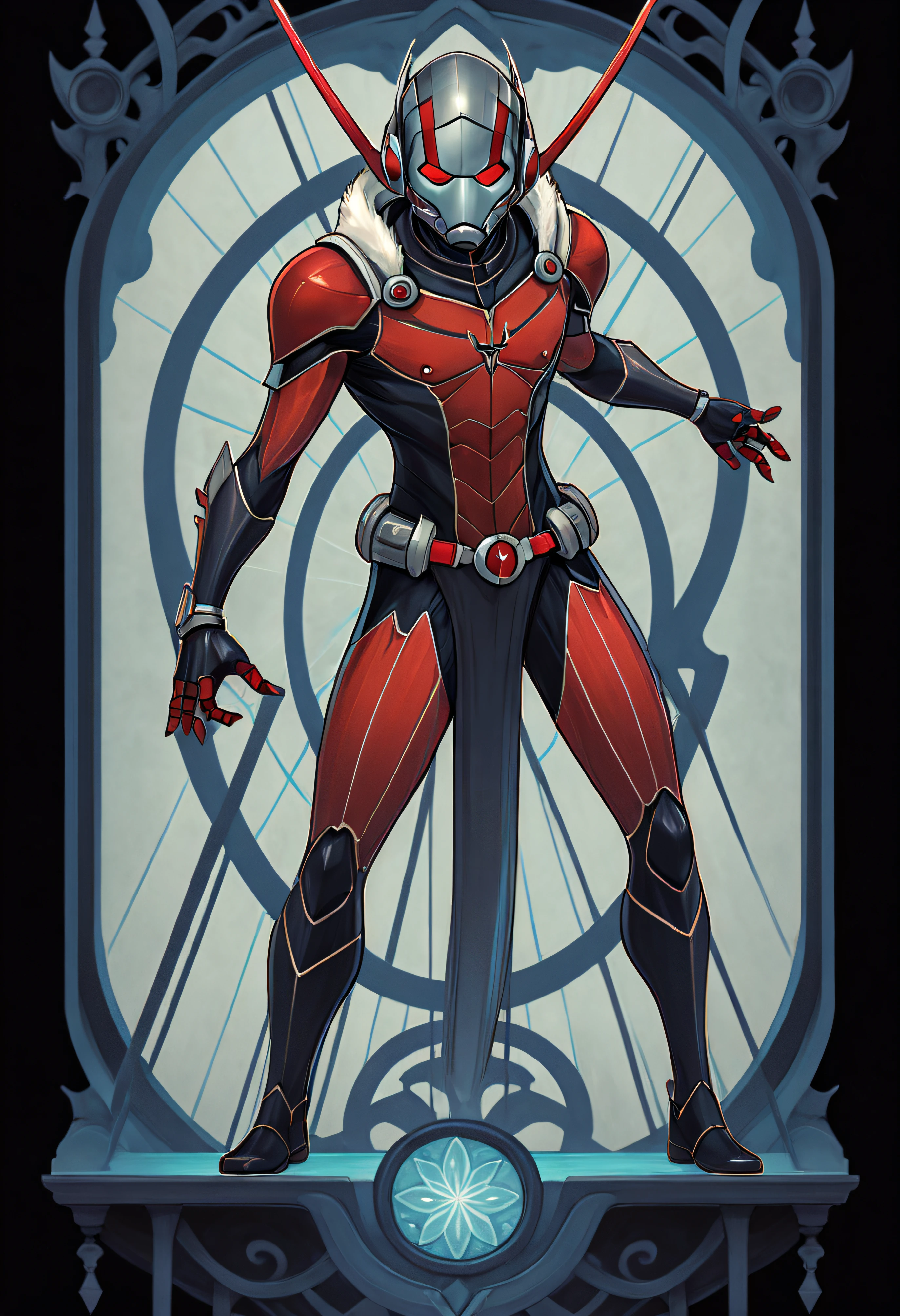 1 Ant-Man, Full body standing painting, (((独奏))), Clear facial features, Simple line design, ((tarot card background, symmetric beauty)), perfectly symmetrical, The art of symmetry, Standing drawings of characters, ((flatcolors)), tmasterpiece，top Quority，best qualtiy，超高分辨率, ((Clear facial features，beautidful eyes，beauitful face, Exquisite facial features))