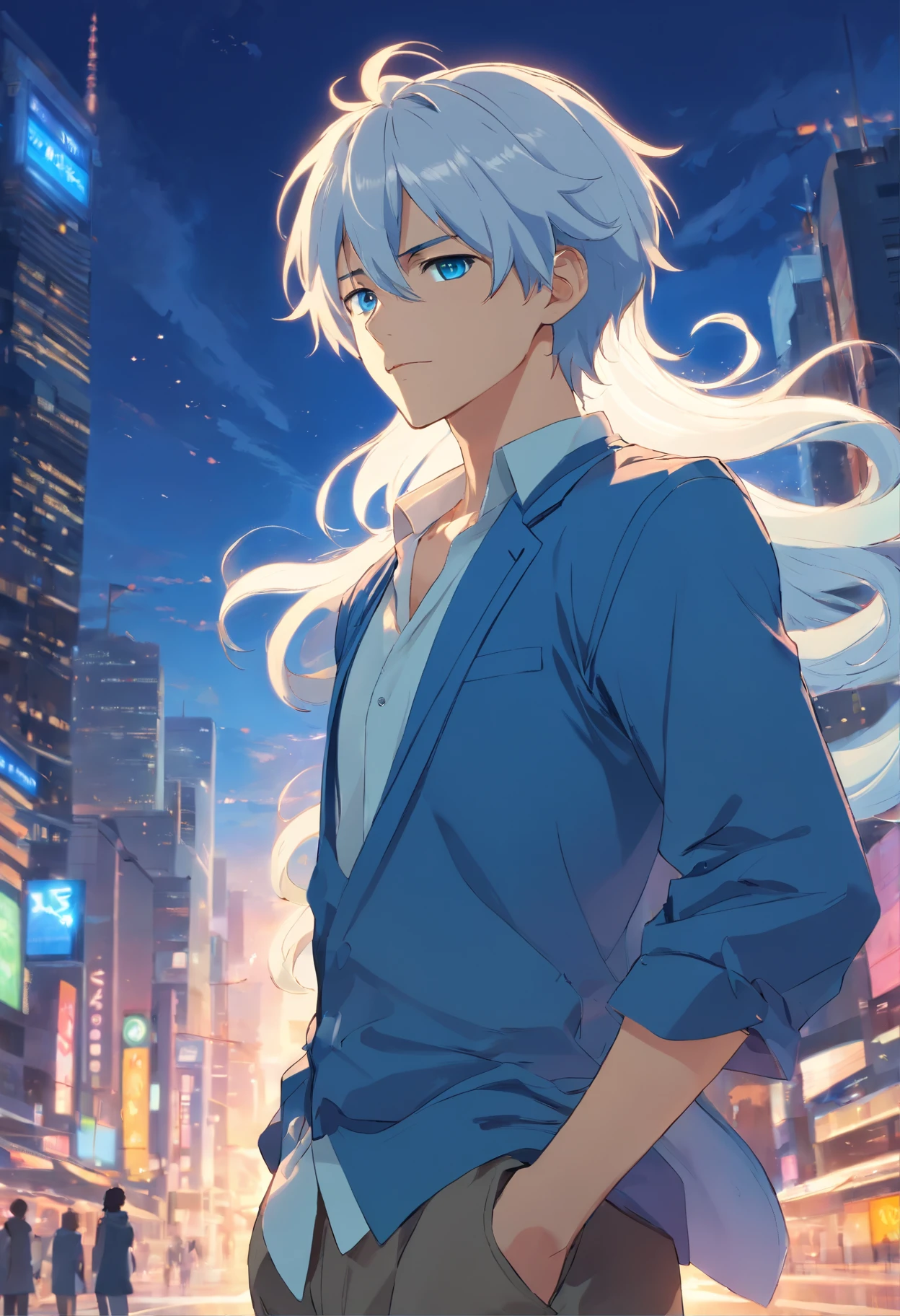 Create a captivating anime character, featuring a stunningly handsome man with flowing white hair, enchanting blue eyes, and dressed in an exquisite, one-of-a-kind outfit."
