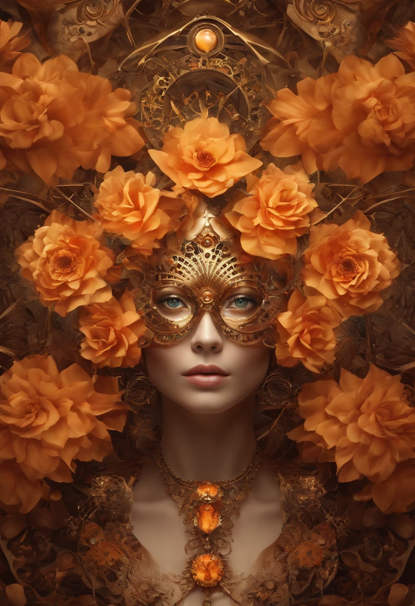 Absurd, high-res, ultra-detail, (1girll:1.3), Steampunk Fantasy Series , optical illusion, Fractal format, Geometric shapes, dynamic, brightly colored, (floral, petals), (gold & orange:1),