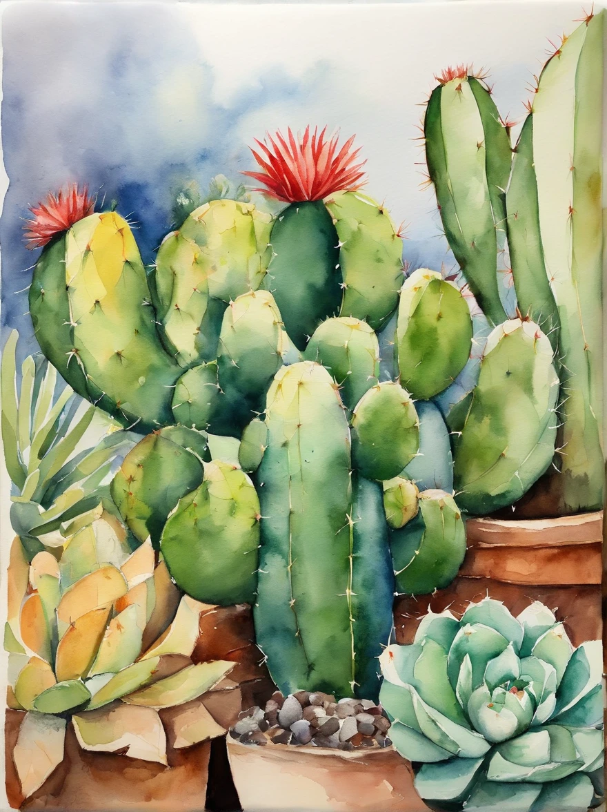 cacti、One cactus、watercolor paiting、illustratio