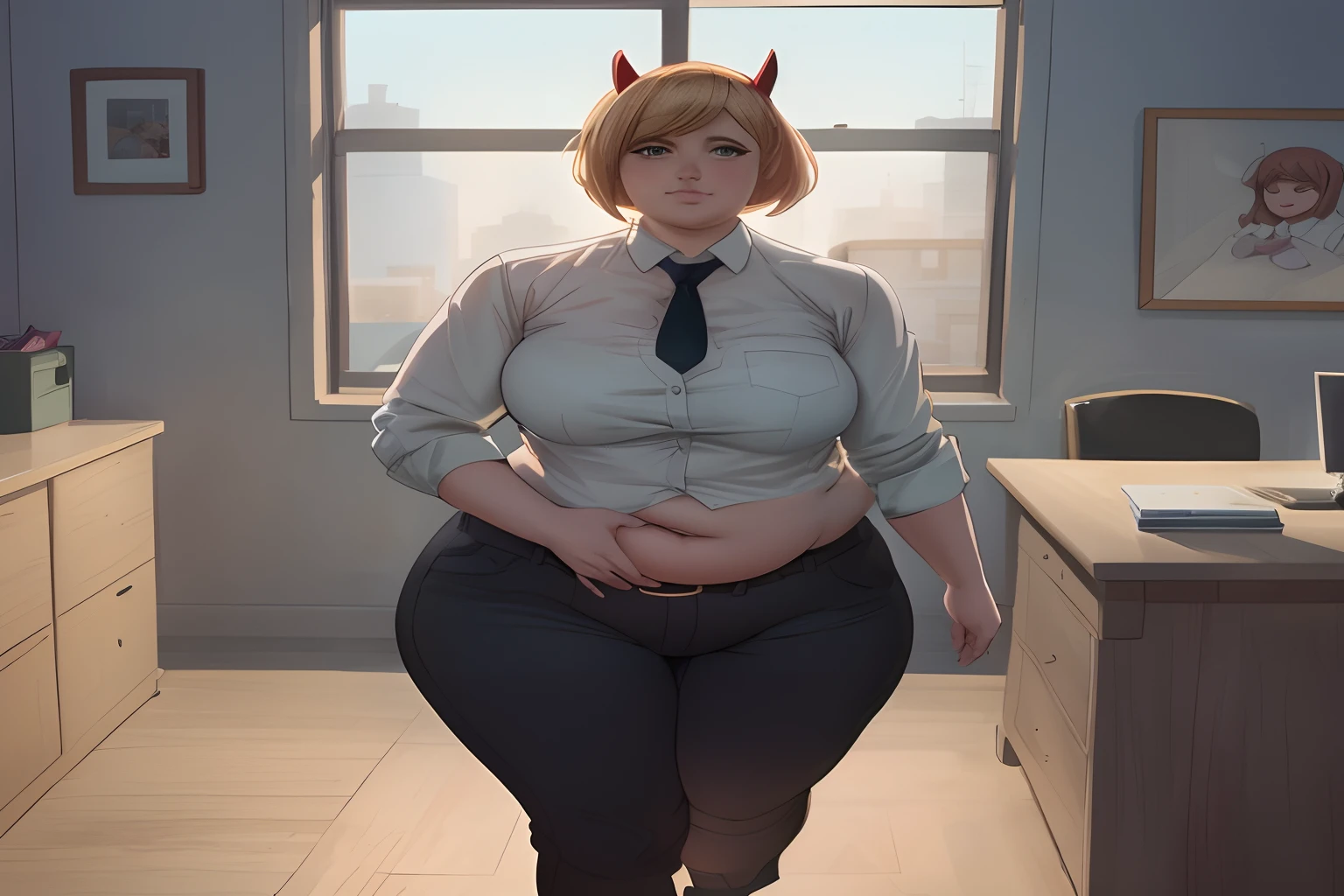 there is a woman in a shirt and tie posing for a picture, thicc, commission for high res, full body portrait of a short!, (sfw) safe for work, fullbody commission for, thicc build, oc commission, small curvy loli, she has a jiggly fat round belly, commission for, realistic woman, standing, full body,