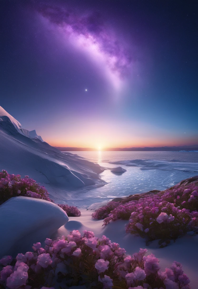 This is surreal and exquisite CG rendering. At night, the pale blue sky, glaciers covering the beach, purple heart-shaped stones, glowing paths, roses, the moon, starlight, art, high definition, starry sky, many tiny and colorful luminous particles, illuminated by the Milky Way, the Arctic, tundra and icebergs, fantasy, high details, beauty, 8K, octane light and shadow, complicated details, super wide angle, panoramic shooting, 8k. High definition.Volumetric light --ar 9:16 --upbeta