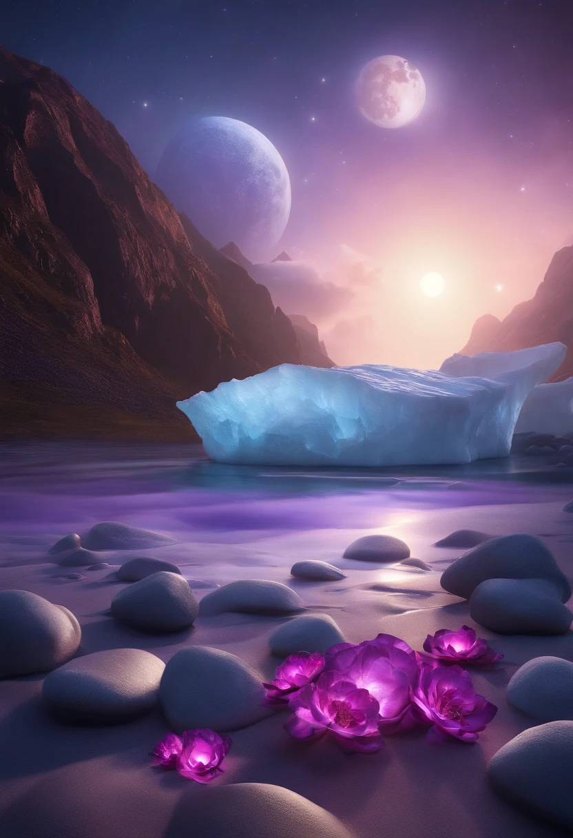 This is surreal and exquisite CG rendering. At night, the pale blue sky, glaciers covering the beach, purple heart-shaped stones, glowing paths, roses, the moon, starlight, art, high definition, starry sky, many tiny and colorful luminous particles, illuminated by the Milky Way, the Arctic, tundra and icebergs, fantasy, high details, beauty, 8K, octane light and shadow, complicated details, super wide angle, panoramic shooting, 8k. High definition.Volumetric light --ar 9:16 --upbeta