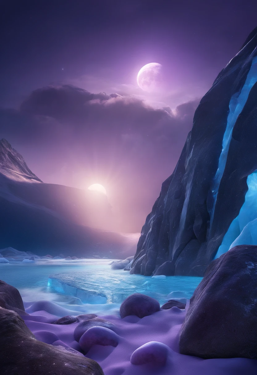 This is surreal and exquisite CG rendering. At night, the pale blue sky, glaciers covering the beach, purple heart-shaped stones, glowing paths, roses, the moon, starlight, art, high definition, starry sky, many tiny and colorful luminous particles, illuminated by the Milky Way, the Arctic, tundra and icebergs, fantasy, high details, beauty, 8K, octane light and shadow, complicated details, super wide angle, panoramic shooting, 8k. High definition.Volumetric light --ar 9:16 --upbeta
