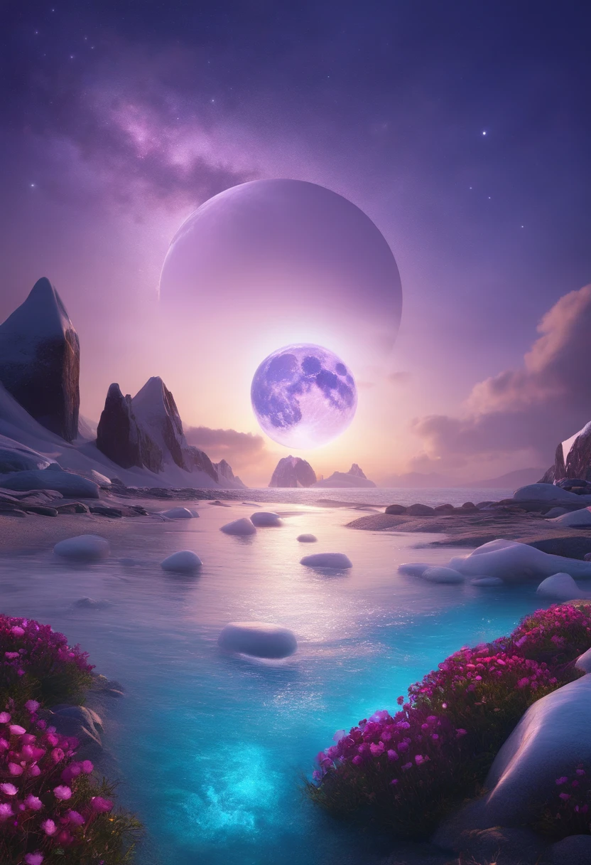 This is surreal and exquisite CG rendering. At night, the pale blue sky, glaciers covering the beach, purple heart-shaped stones, glowing paths, roses, the moon, starlight, art, high definition, starry sky, many tiny and colorful luminous particles, illuminated by the Milky Way, the Arctic, tundra and icebergs, fantasy, high details, beauty, 8K, octane light and shadow, complicated details, super wide angle, panoramic shooting, 8k. High definition.Volumetric light --ar 9:16 --upbeta