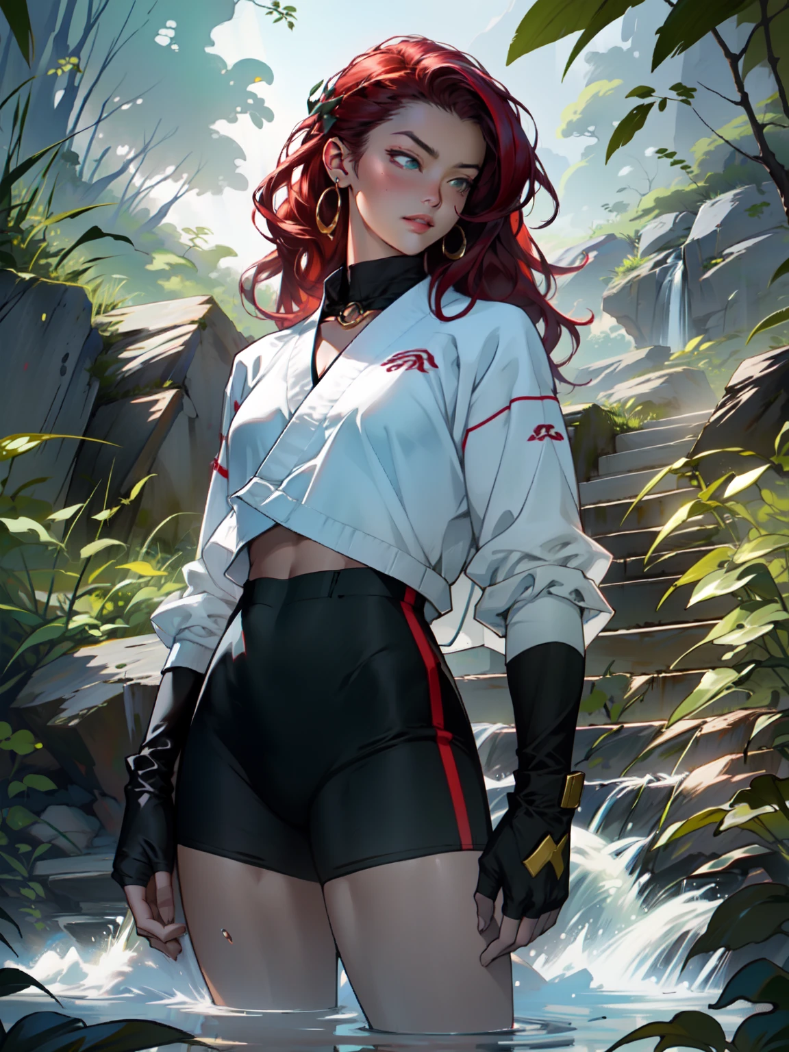 ((Best quality)), ((masterpiece)), ((realistic)), ((beautiful female martial artist)), (milf:1.3), (arrogant woman:1.4) standing tall, her slender form glistening in the golden rays of a summer sunrise. Her eyes, a captivating shade of emerald, pierce through the tranquility of the morning. Her fiery red hair cascades, contrasting with the vibrant green of the surrounding foliage. With each step, her muscular thighs and perfect muscular long legs portray a sense of power and grace. The tranquil scene unfolds, capturing a moment of raw beauty and confidence on eye level, scenic, masterpiece, (bare torso:1.1), abs, (female focus:1.5), very muscular ripped body, ultra sharp, (sexual suggestive)), traditional marcial artist costume