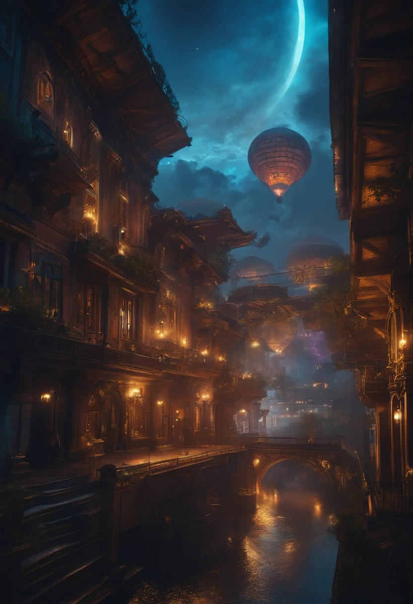 Cyberpunk world,There are flying machines in the sky,The light and shadow are intense,The lighting is cool,handpainted,dream magical