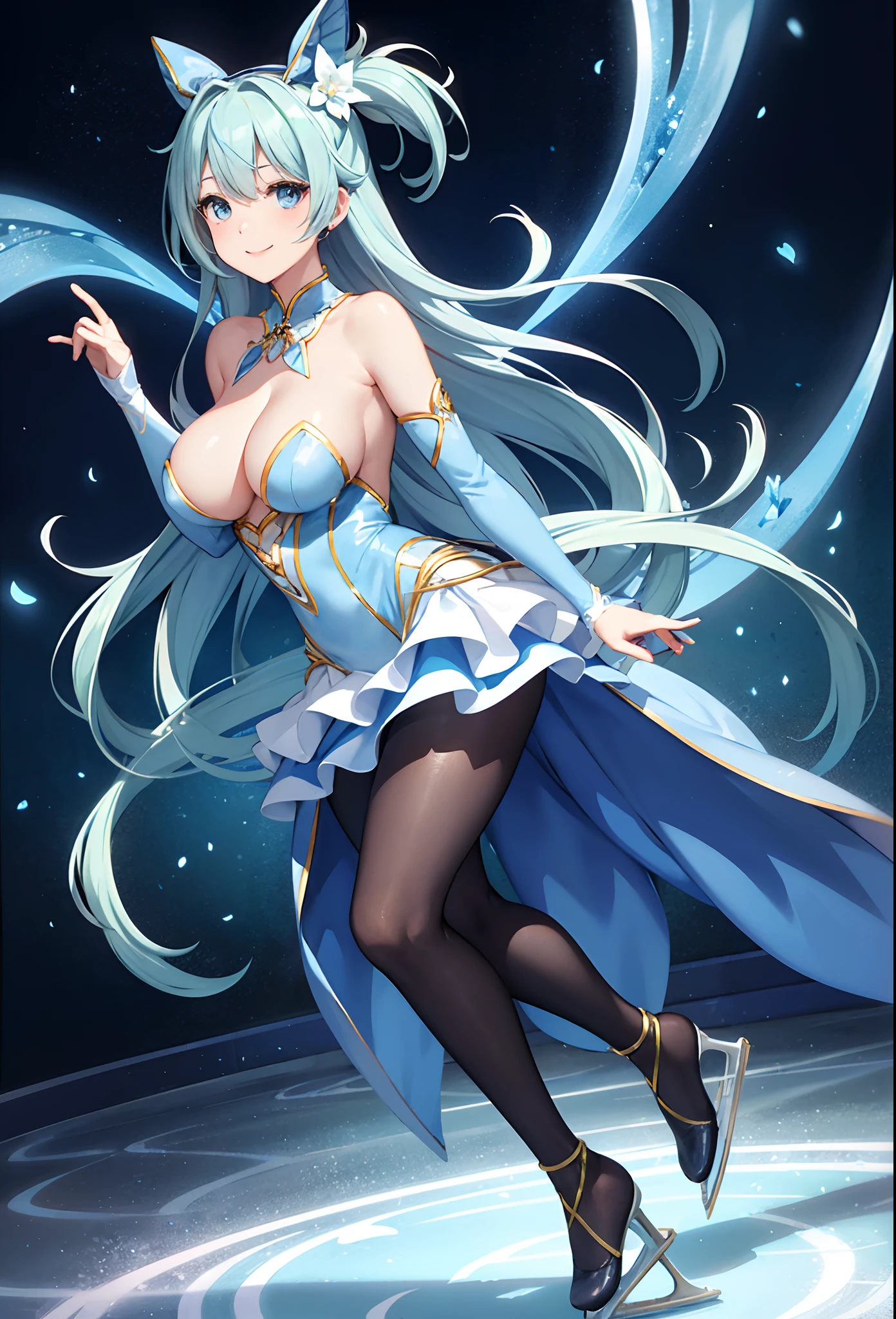 top-quality、Full limbs、complete fingers、One beautiful woman、Beautiful Large 、adorable smiling、Twin-tailed、Light blue long hair、Woman in figure skating dress with blue and white pattern、Flesh-colored pantyhosmile、Ice rink、Packed figure skating arena(a picture)、Seven colors of lighting illuminate the skaters