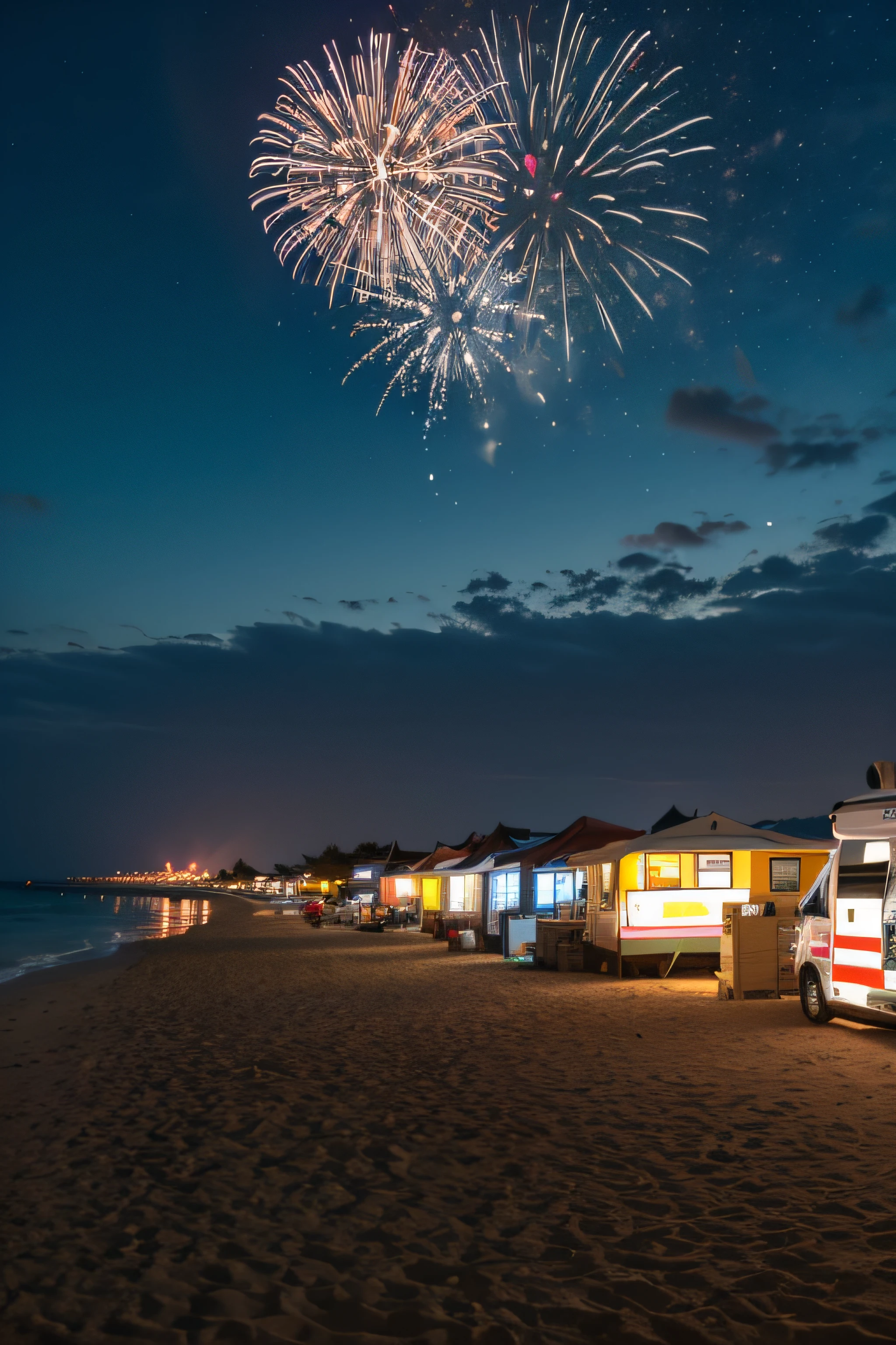 At night, there are plenty of motorhomes with lights on the vast sandy beach,There are also food stalls,There are silvery fireworks on the sea,The bottom of the sea is pale coral
