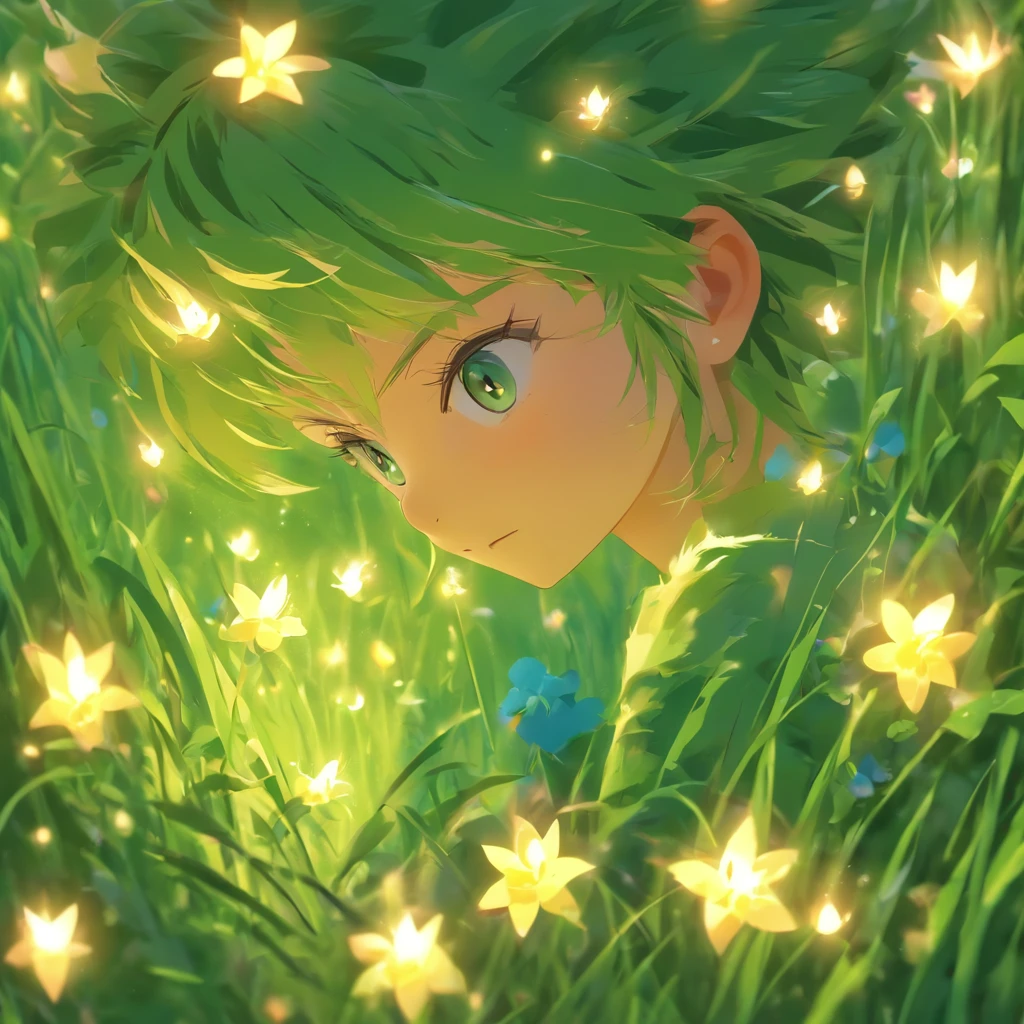 Skincare illustration poster design，A young painter centered on grass，solid color backdrop，Decorate with flowers，lamp lights&Shadows，exquisite detailing，Positive perspective，imagination，Dream，Warmth