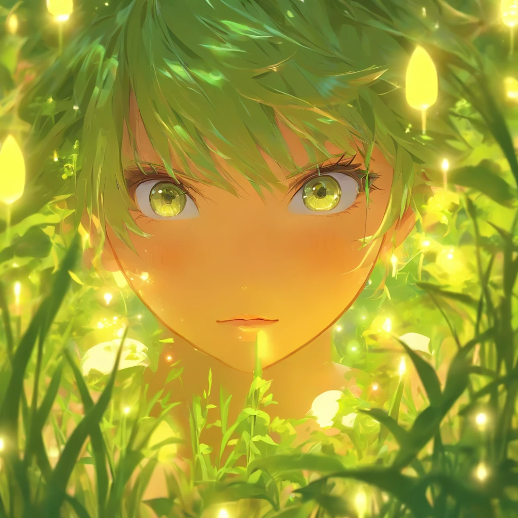 Skincare illustration poster design，A young painter centered on grass，solid color backdrop，Decorate with flowers，lamp lights&Shadows，exquisite detailing，Positive perspective，imagination，Dream，Warmth