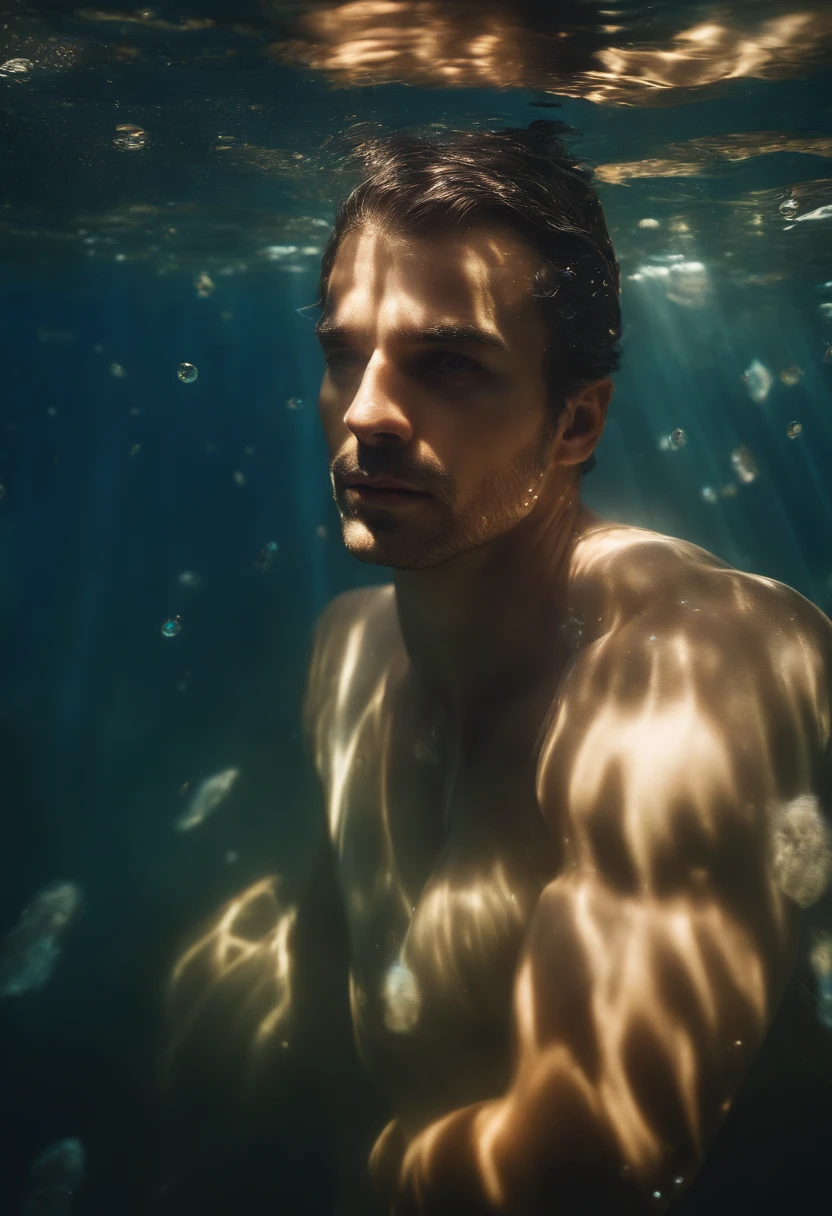 (best quality, high resolution, masterpiece:1.3), underwater portrait of a man with his head submerged in water, serene expression, detailed facial features, shimmering sunlight filtering through the water, sparkling bubbles floating around, surreal aquatic environment, vibrant colors, ethereal lighting