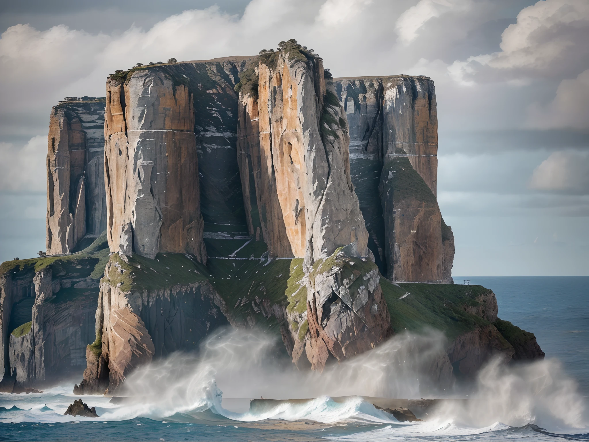 A breathtaking and rugged landscape, the dramatic cliffs and coastal formations rise majestically against the crashing waves. This stunning photograph captures the raw power and timeless beauty of nature's handcrafted artwork. The cliffs tower grandly, their weathered edges sculpted by the relentless ocean breeze. The rocky formations, in various shades of brown and grey, jut out defiantly from the earth, creating a sense of dramatic contrast against the vibrant blue sky. This high-quality image vividly transports the viewer to a place of awe and wonder, where the forces of nature are on full display.