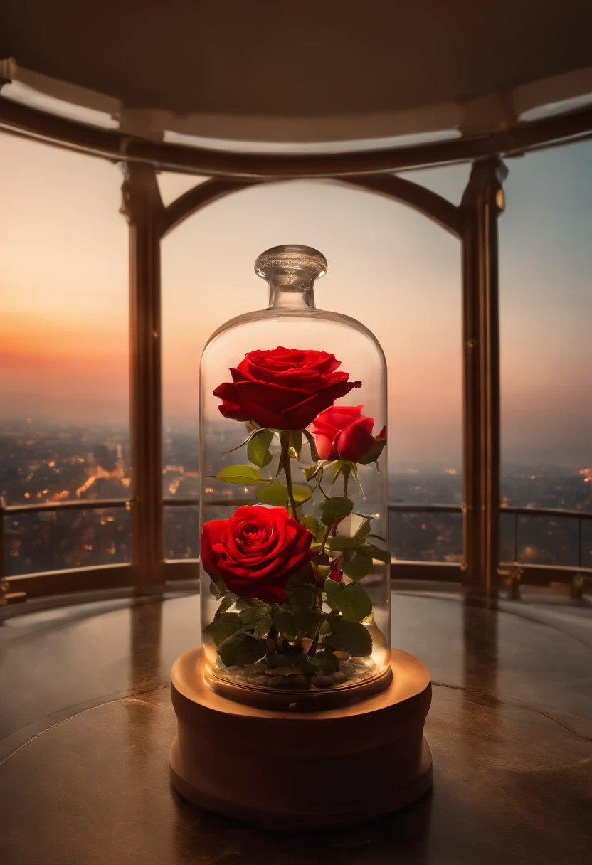 **A panoramic sky garden rose world in a special-shaped transparent glass bottle, castle, roses, petals are flying, romance, dream, Greg lat Kosky, night, red rose Pavilion, art station trend, bright lights, smoke, wood support, UE4, HD, lighting, winter, AUV --ar 9:16