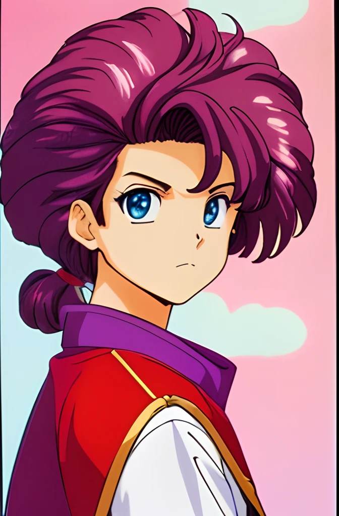 (80s anime style), ​masterpiece, top-quality, ighly detailed, 1boy, 独奏, (:3:0.9), ((unique designs)), (((Unique hairstyle)))red blush ,Cute cute hair color