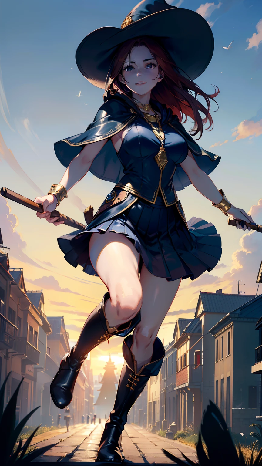 masterpiece, ultra detailed, 8k portrait, RAW photo, portrait photography, highly detailed face, beautiful and meticulous eyes, ((Fantasy)), Young beautiful, smile, ((hopping dynamic pose)), (((Long Straight dark red hair))), ((witch)), White skin color, Luxury, Crystal necklace, (((navy blue silk long cloak))) fluttering in the wind, (((tunic with goldline))), (((slip skirt)), (((leather boots))), ((Flying on a magic broom)), Midday Sun, hyper realistic, Body model, Big breasts, Beautiful breasts, Long legs, in the sky, Ambient lighting, Shadow details , Camera focus on thigh, strong breeze, Light fog