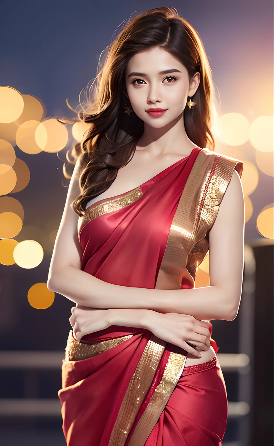 1girl, (looking at viewer),  (bokeh:1.1), closed mouth,light smile, realistic, meditation,starry sky,night, saree, girl hugged by a man,
pencil skirt, skyline,
best quality, (photorealistic:1.4), ultra highres, Chingmy YauV2