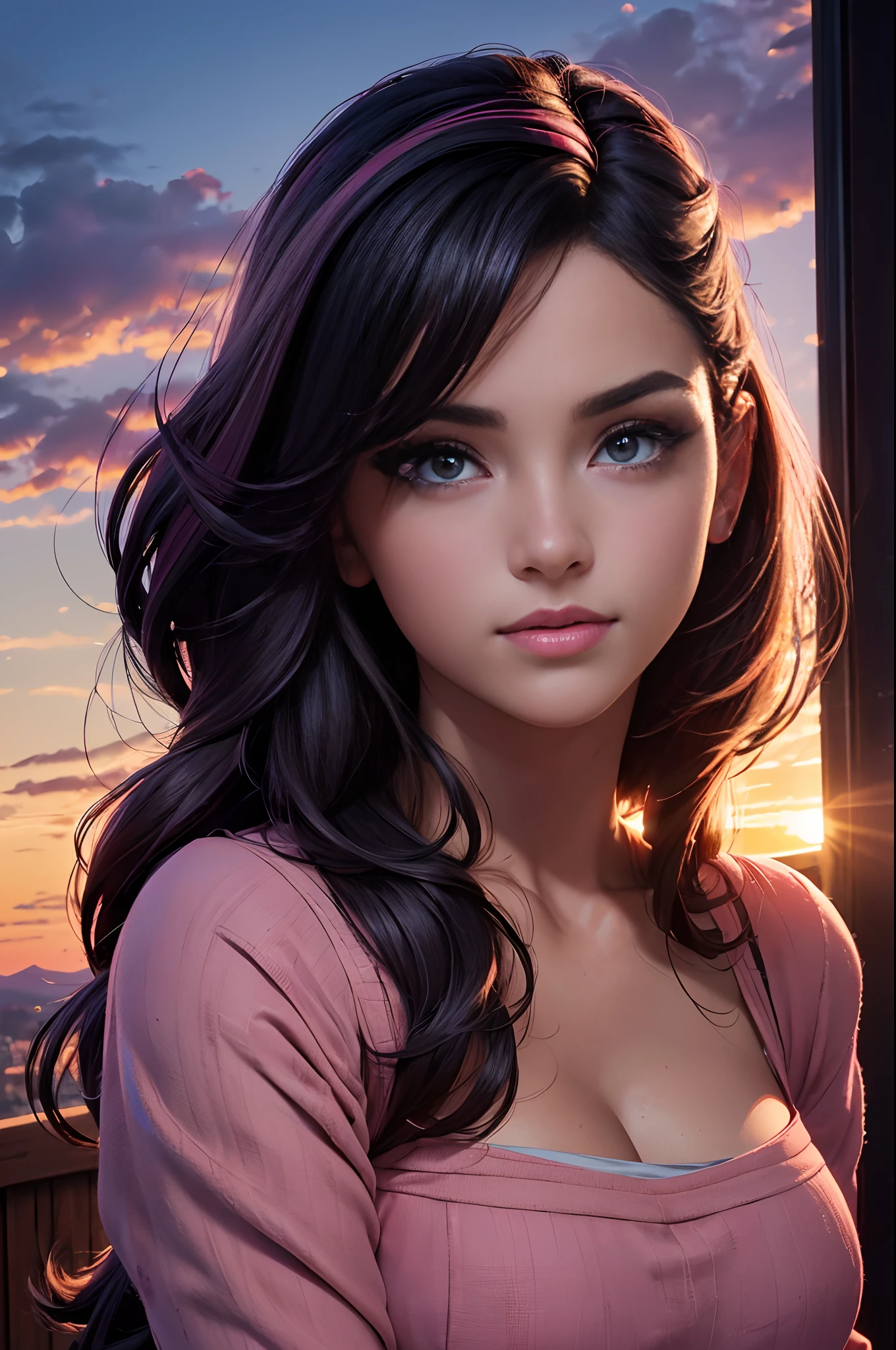 no cais de madeira, (Tampo do tanque:1.2), (Top de cabresto rosa:1.4), 1girl, totalmente vestido, Olhando para o Viewer, (close extremo para cima, ECU, tiro de rosto completo:1.3), (Rosto detalhado:1.4), (candid photograph:1.2), colorido, Content, Relaxed, sorriso suave, (cabelo na altura dos ombros:1.3), (foundation, Corretivo, mascara, bochechas rosadas, smokey eye makeup, batom:1.3), nail polish, (Beautiful, gorgeous, Flawless complexion:1.2), grampos de cabelo, faixas de cabelo, Fitas, Lip gloss, bright lips, Sardas, rosa antiga, rustic brown, bege quente, azul empoeirado, azeitona desbotada, Standing, (Sunset, twilights:1.25), fcDetailPortrait, fotografia profissional, HDR (high dynamic range), Subsurface scattering, Realistic, sombra pesada, master part, ultra realistic, high resolution, proportion Aurea, rule of thirds, intrincado, High detail, cinematic movie photograph, DSLR, (cabelo para cima no rabo de cavalo:1.3), (olhos azuis:0.8), Cabelo Moreno