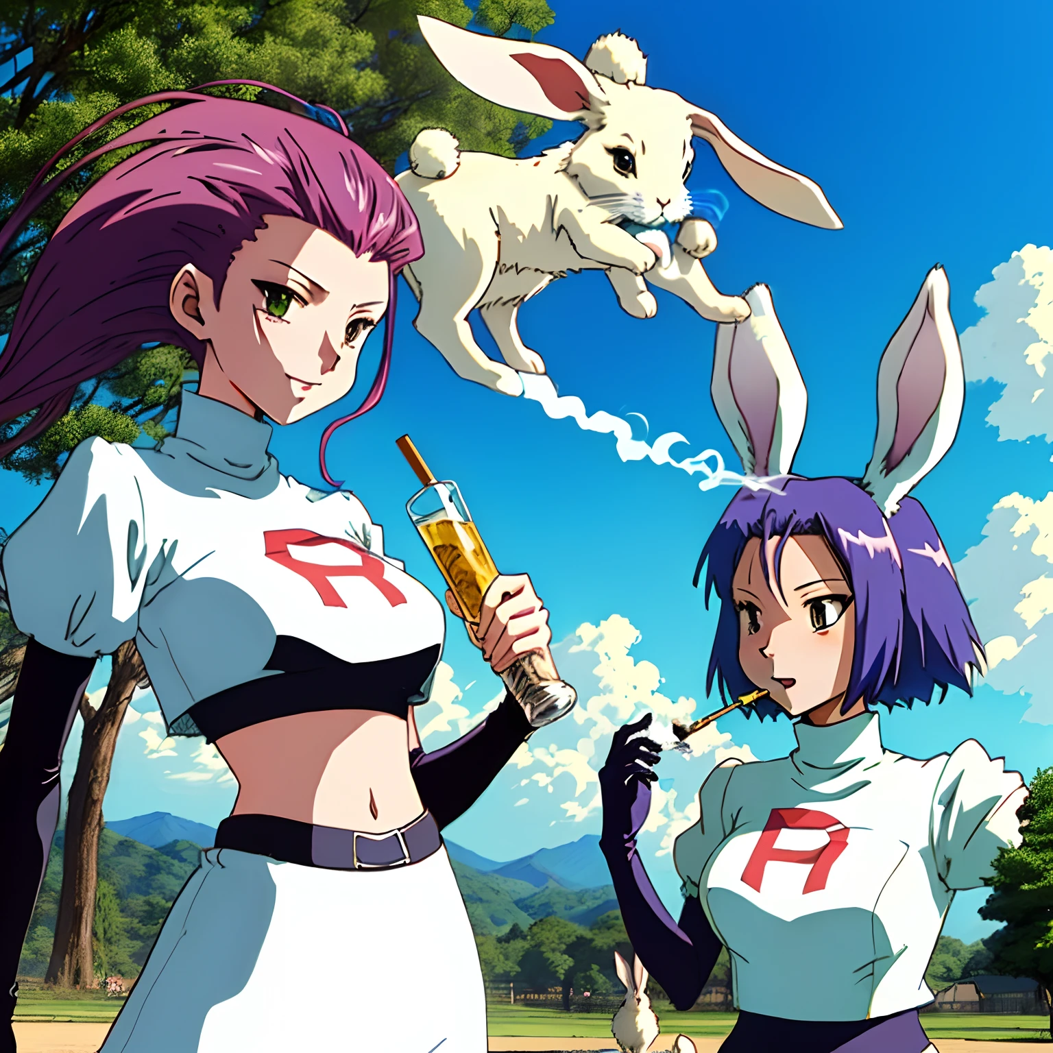 score_9, score_8_up, score_7_up, score_6_up, score_5_up, score_4_up, (source_anime), pokemon, 2girls, (( gardevoir, Tall stature, big breasts, Withered breasts, Sagging breasts, big Thighs, big ass)), Distant vision,((jessie from pokemon sucking breast) age difference, giant size difference, field, Horizon, forest, sunny day