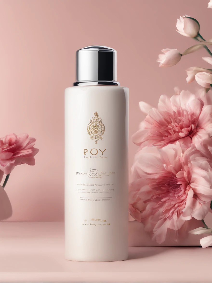 A bottle of body lotion surrounded by some flowers,In Provía、Ryky style photo,Textured、RTX is on、Environmentally friendly,Elegant curves